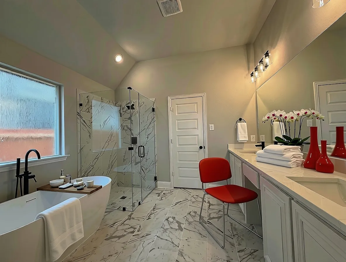 Spa-like master bathroom with 12x24 marble-style tile on walls and floor