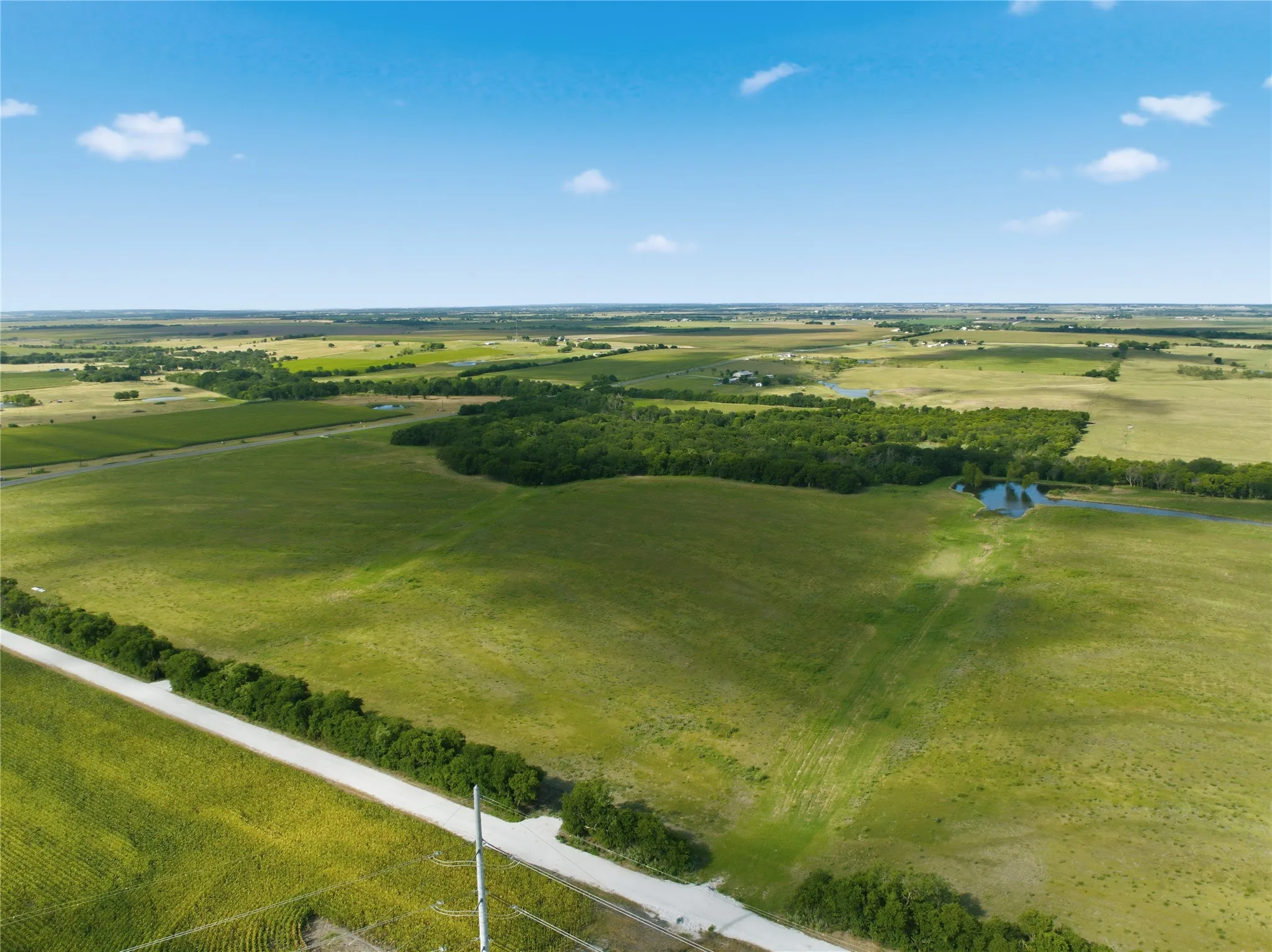 Expansive green acreage featuring a visible road frontage, dense tree lines, and multiple ponds