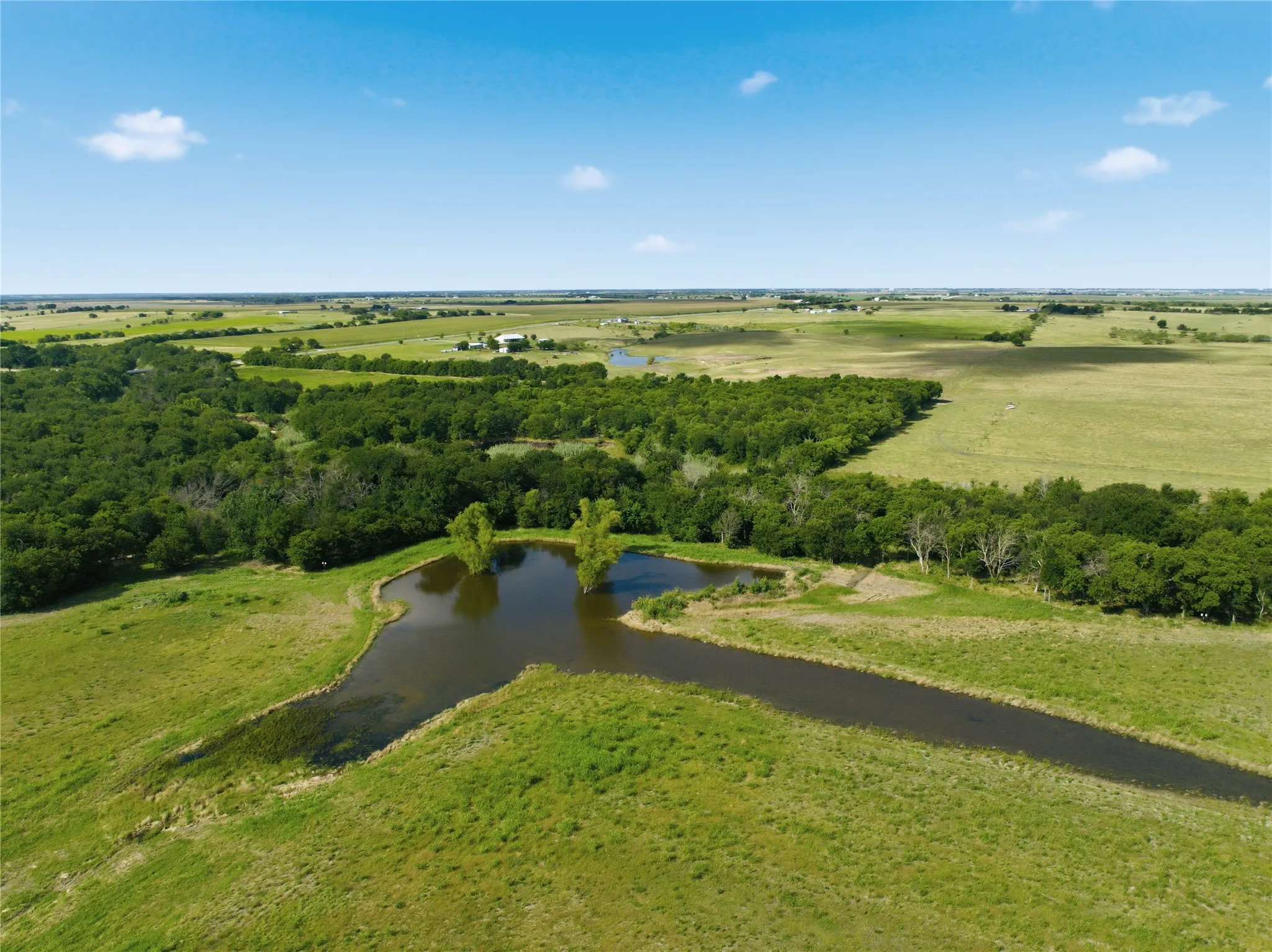 Expansive agricultural landscape featuring a large pond, verdant grasslands, and mature tree lines