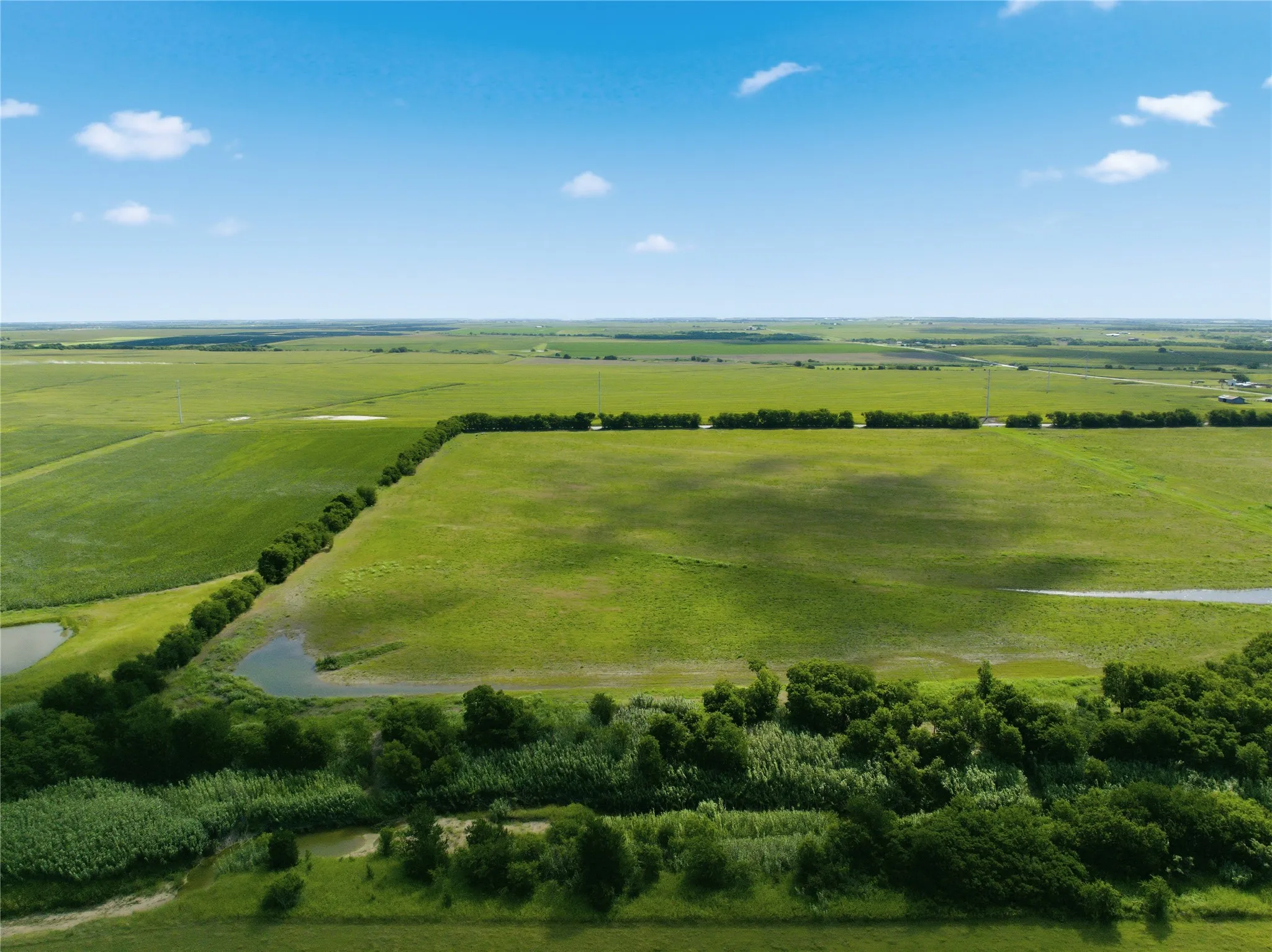 Expansive green fields with scattered ponds and natural tree lines under a clear sky
