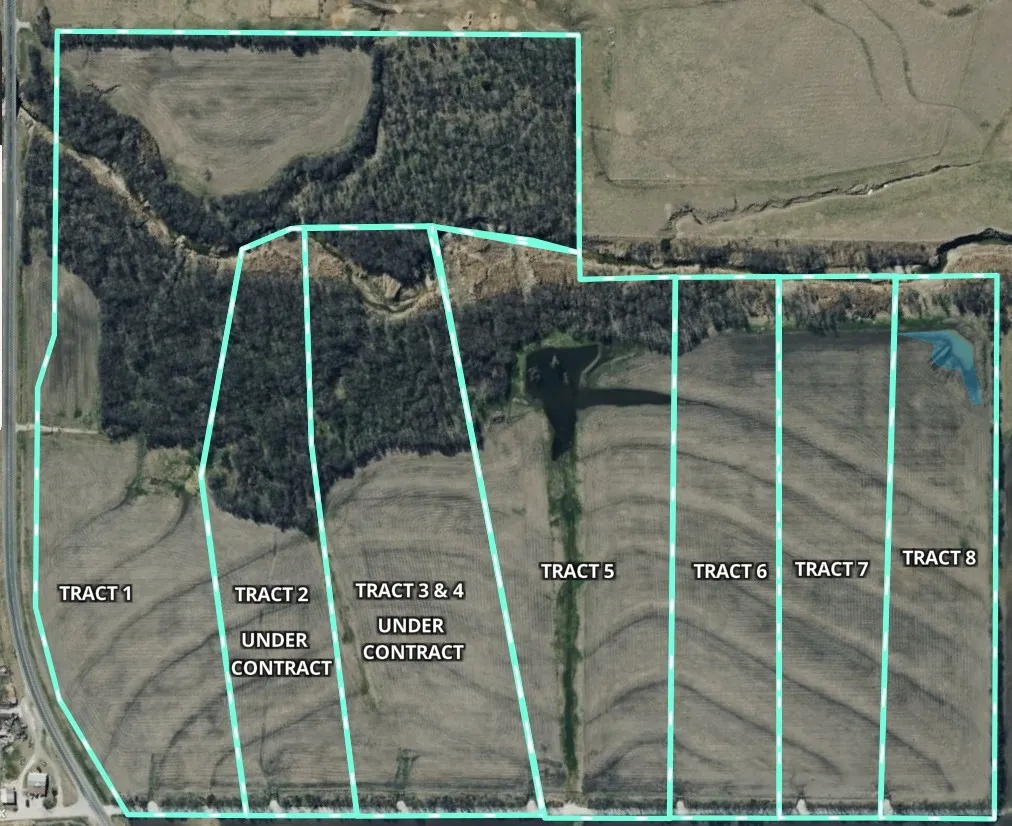 Aerial Map. Depicting the property divided into multiple tracts, with current contract statuses indicated