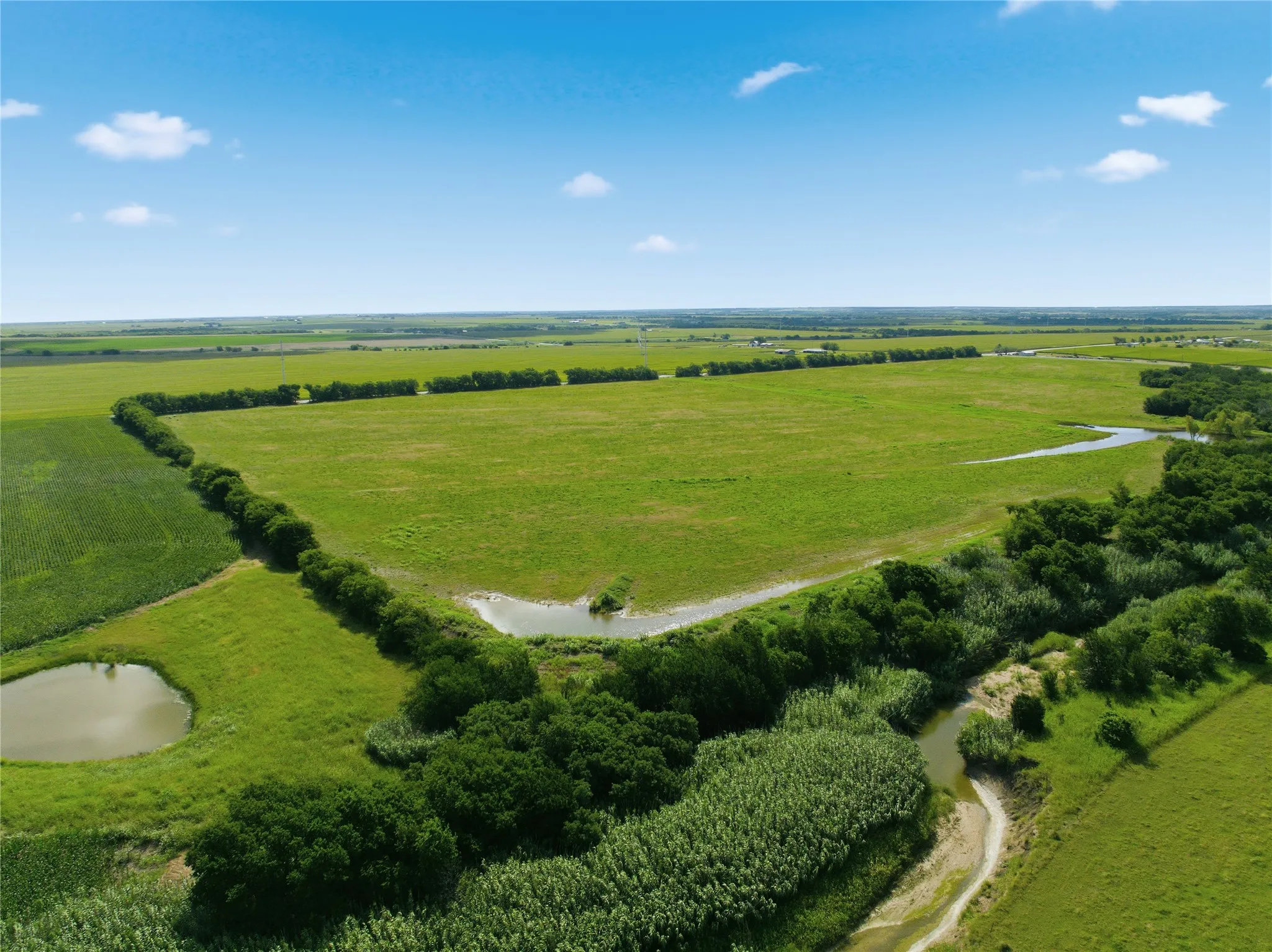 Expansive green acreage featuring a winding creek, natural tree lines, and a pond