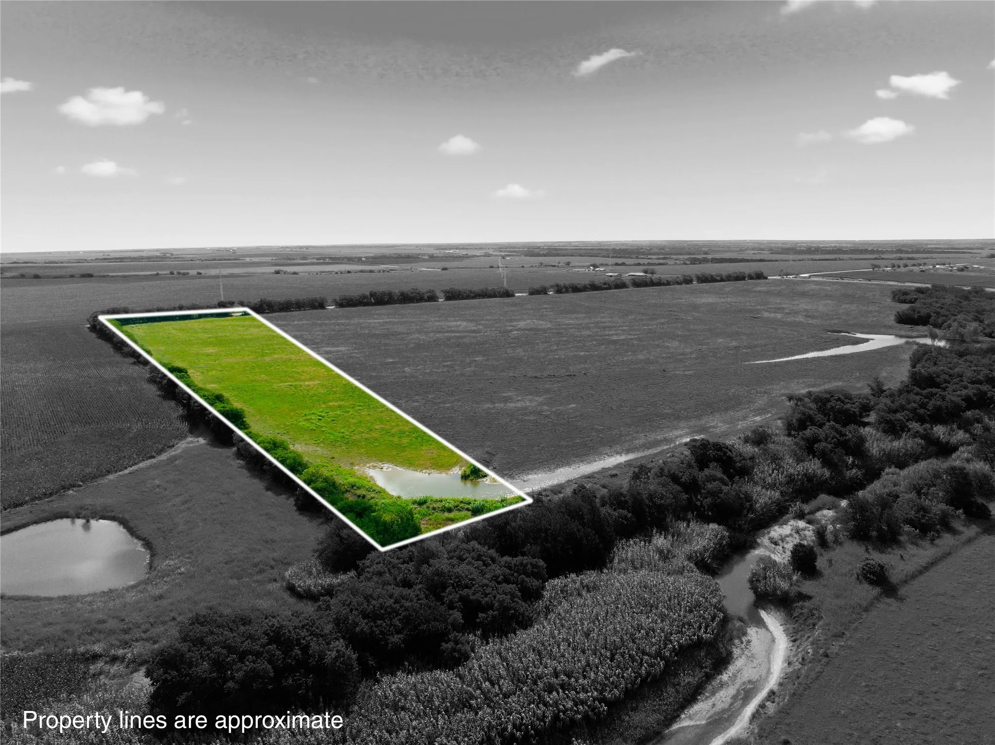 Expansive land parcel featuring a green pasture, a small pond, and natural water features