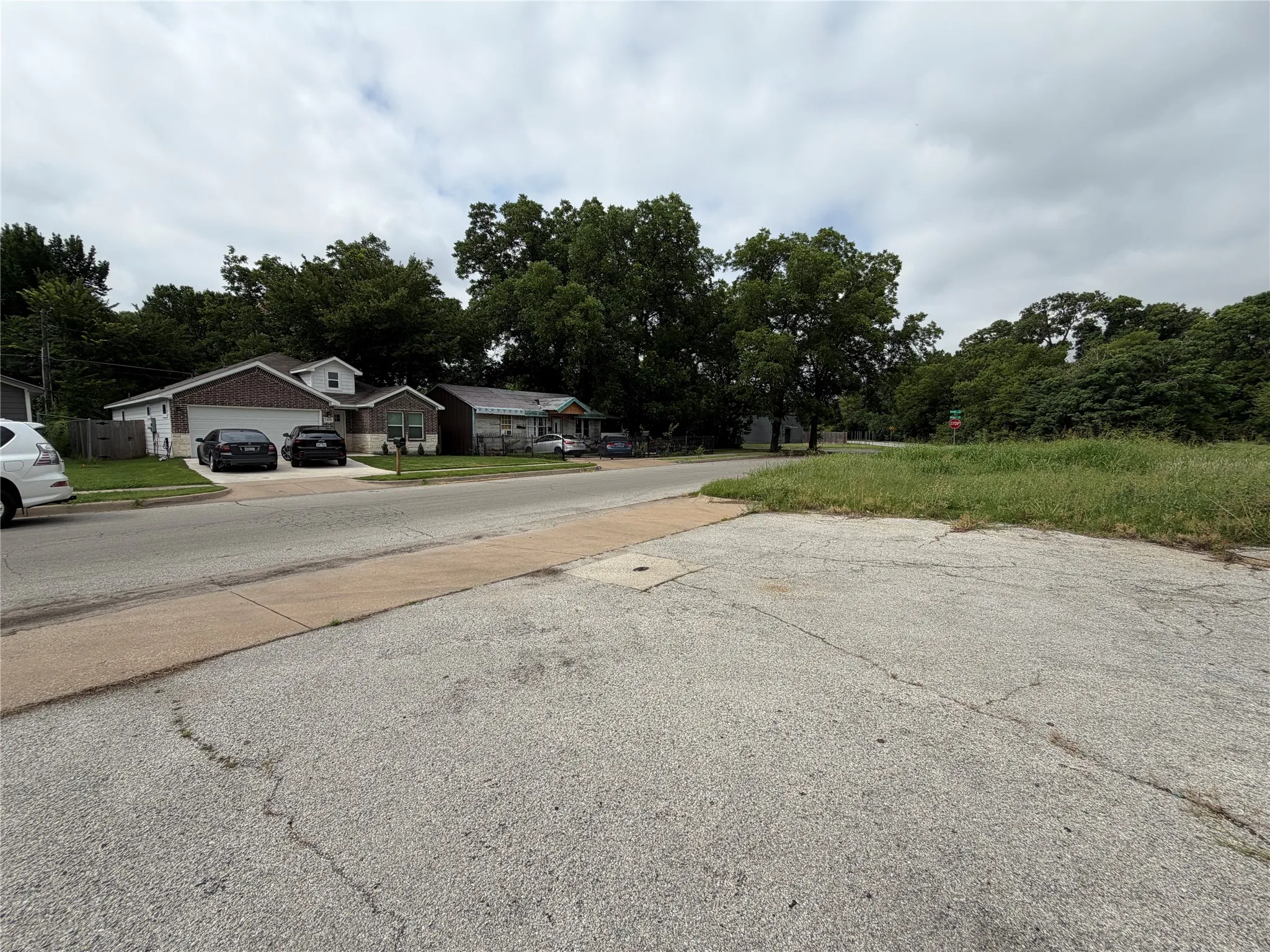 Expansive grass lot with mature perimeter trees and asphalt paving