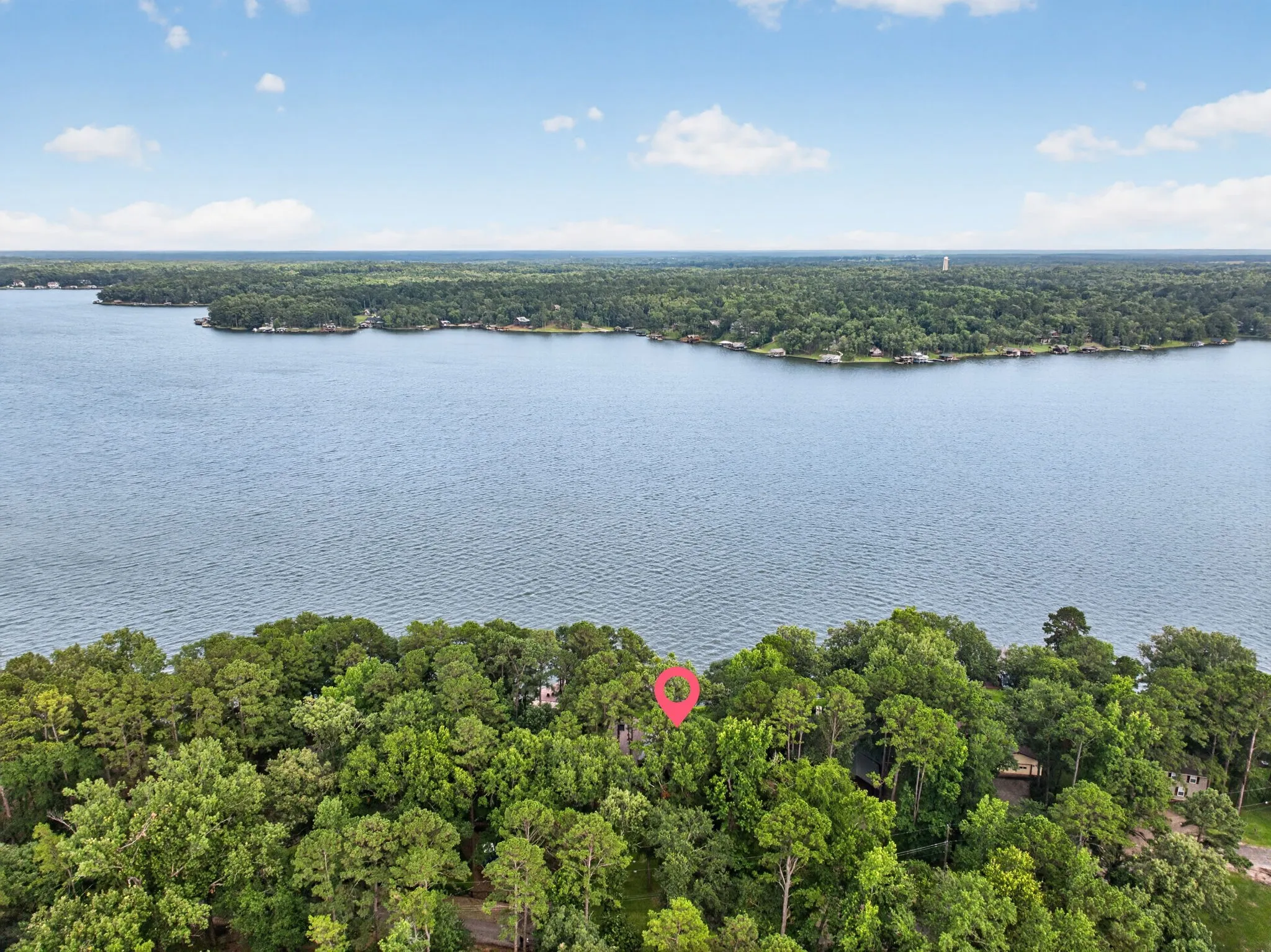 Expansive waterfront setting featuring mature trees and clear blue skies