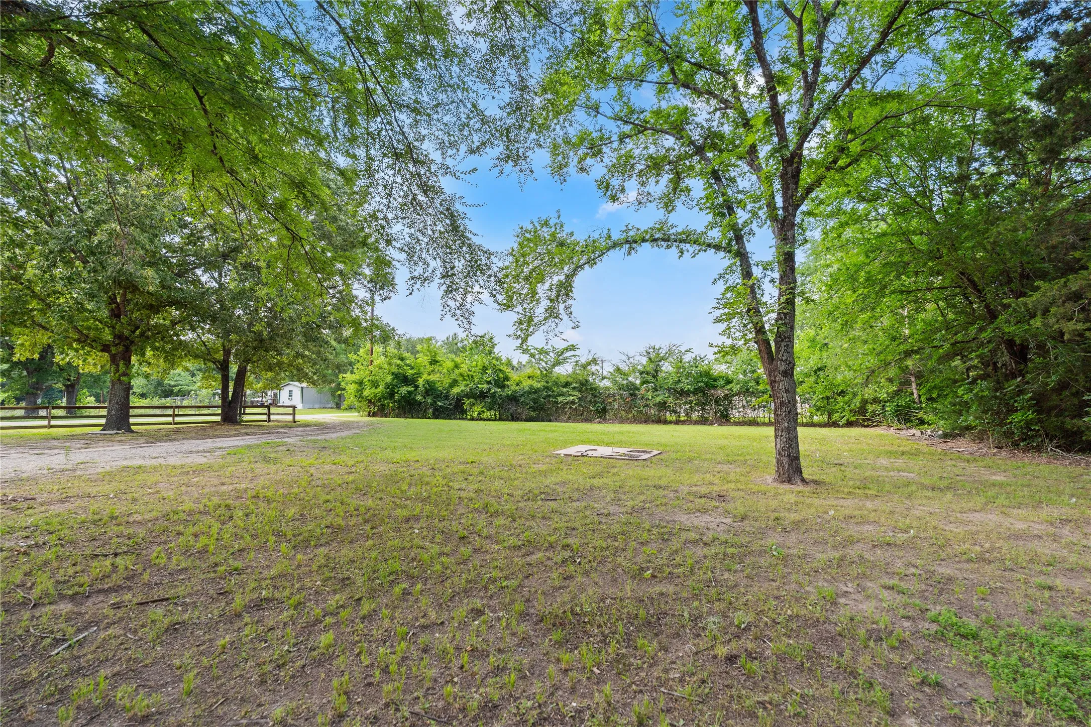 Expansive open lot featuring mature trees, a partial wood fence, and a distant white structure