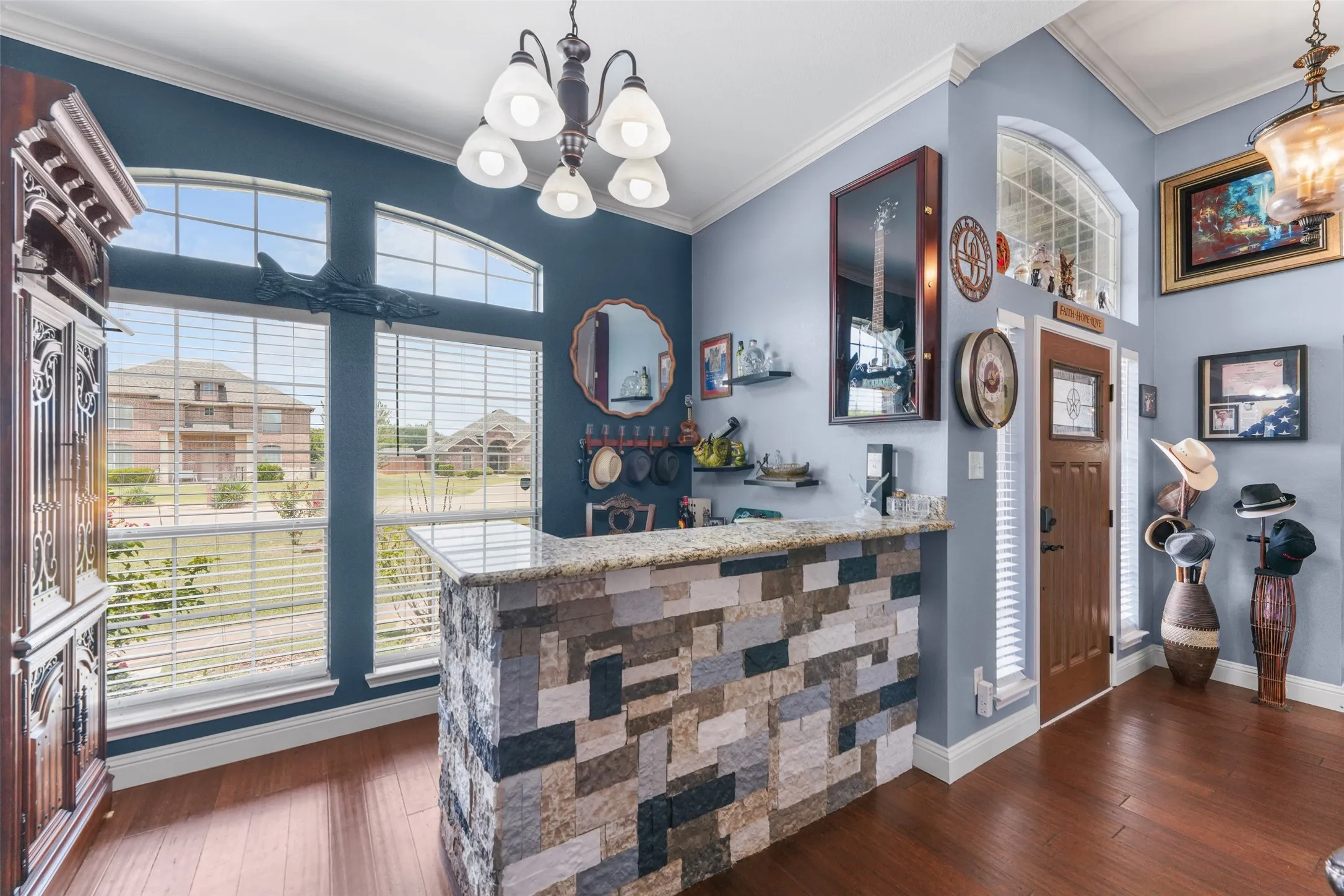 Stone-clad bar with a light-colored countertop