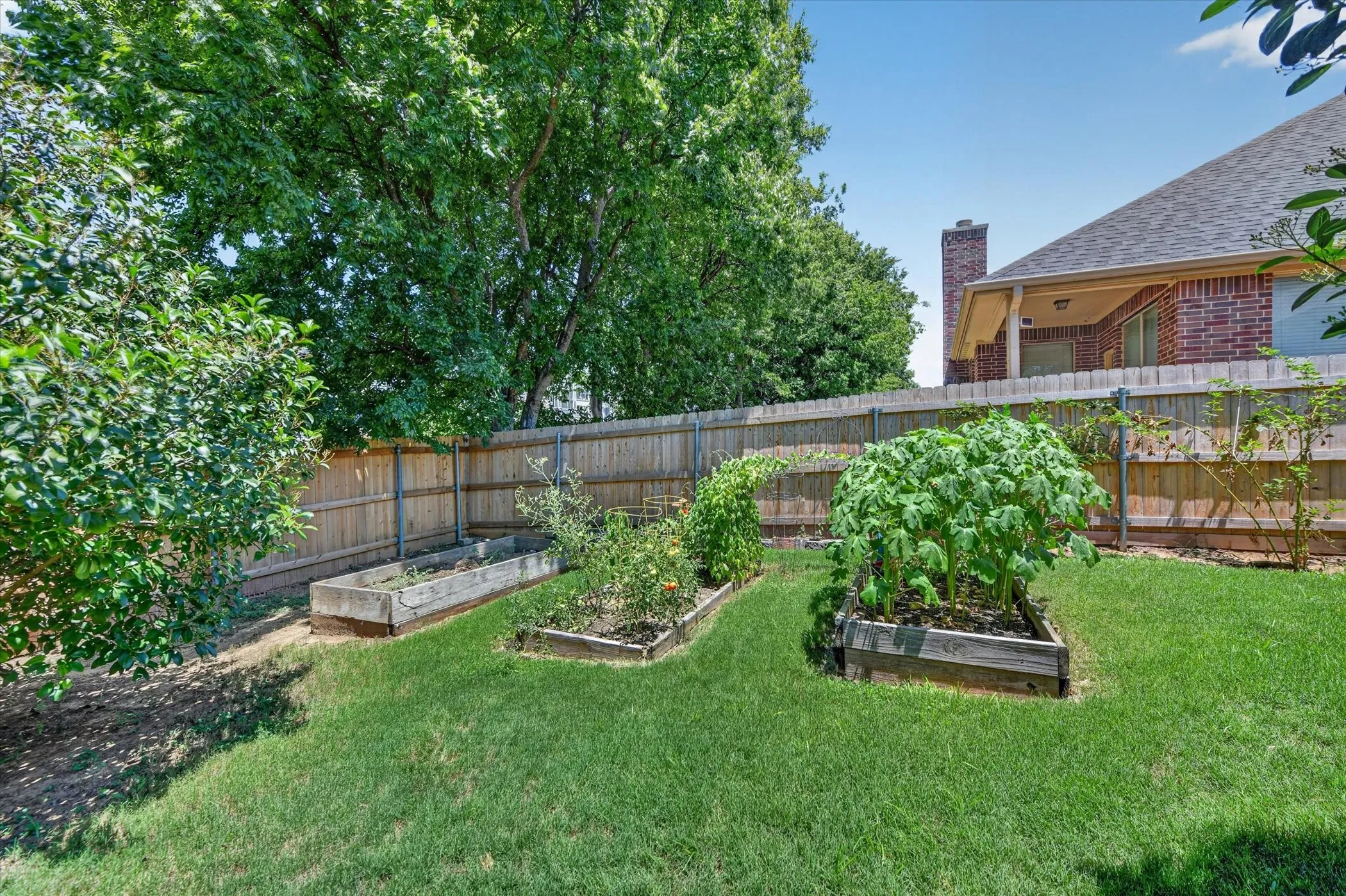 Expansive backyard featuring a manicured lawn, established garden beds, and mature trees