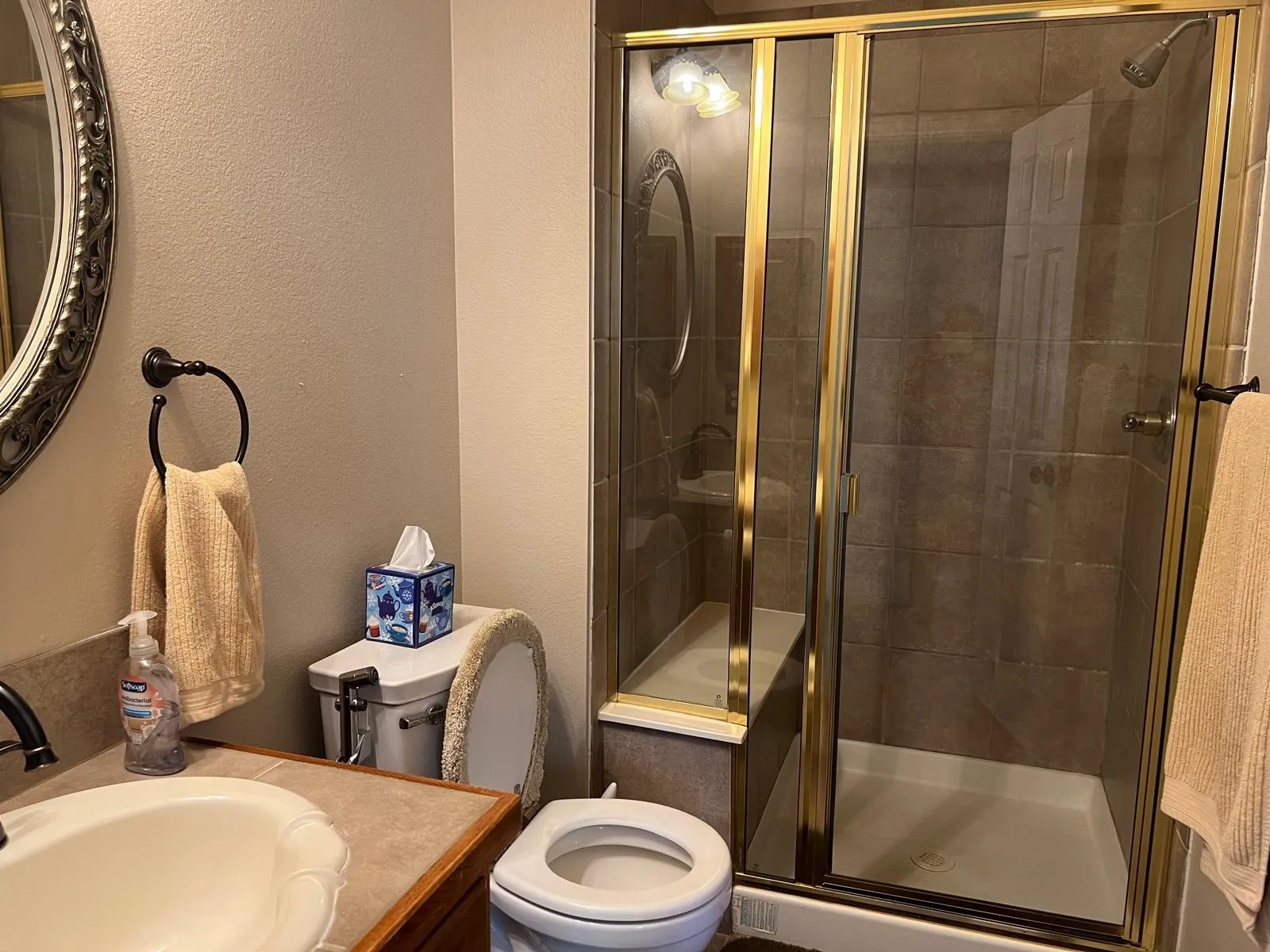 Shower enclosure featuring a gold-finish frame, clear glass panels, and a tiled interior with a built-in bench