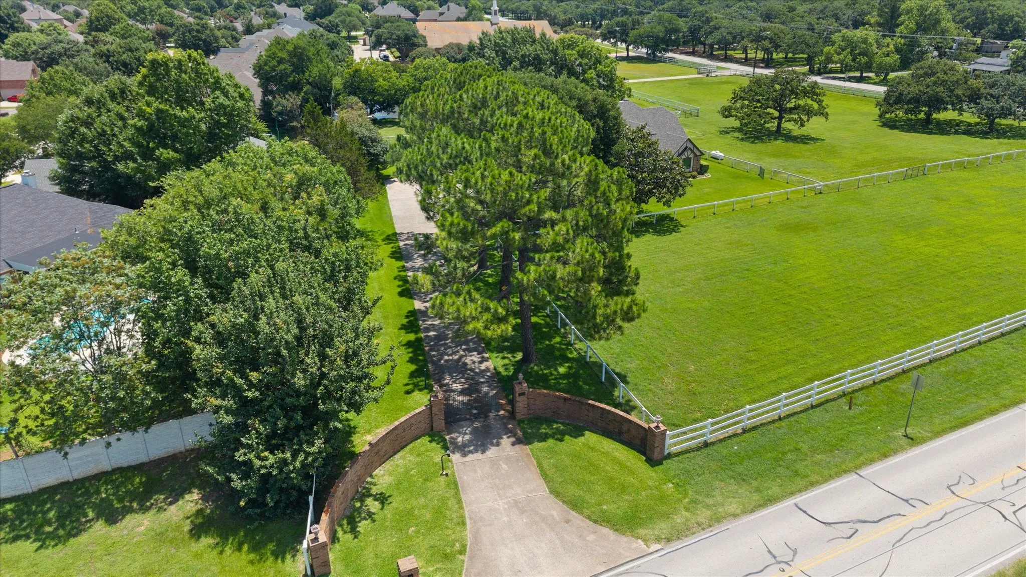 Ariel view of the Front Gate entrance with mature trees