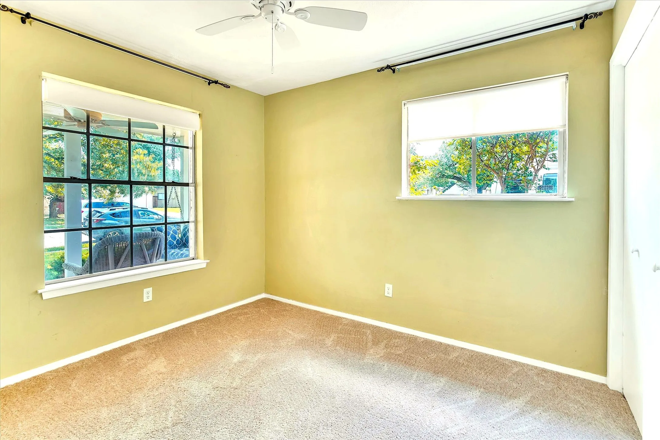Carpeted room with a ceiling fan, two windows, and light-colored walls