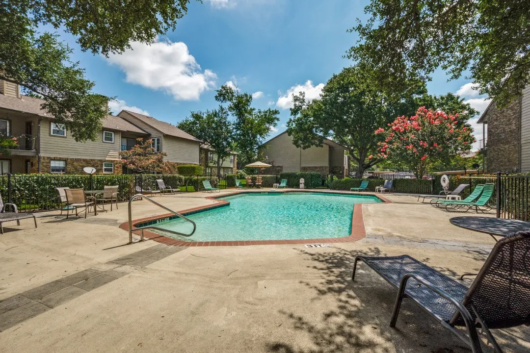 Resort-style pool with concrete decking, surrounded by mature trees and lush hedges