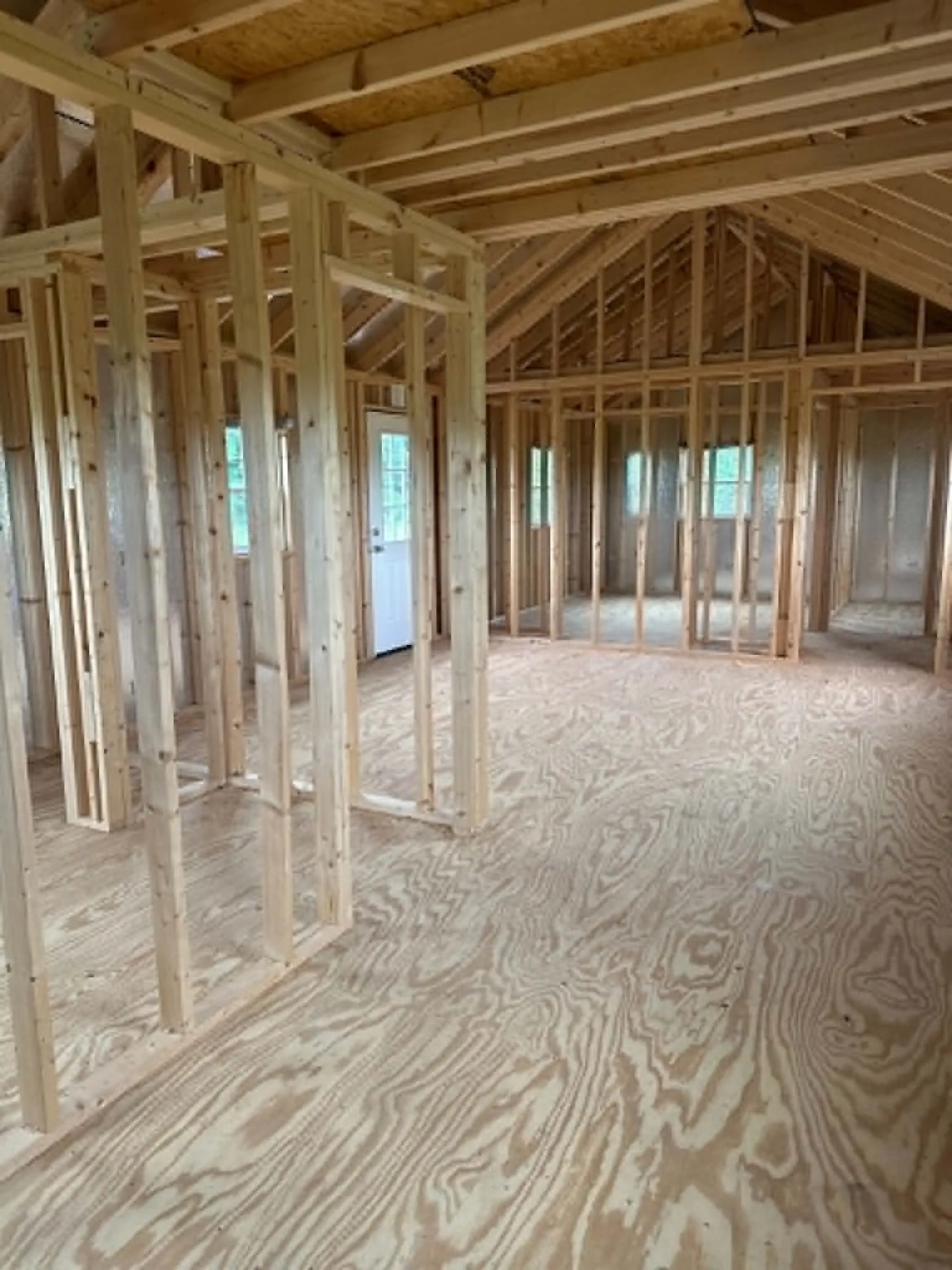 Framed interior structure with exposed ceiling joists and plywood subflooring
