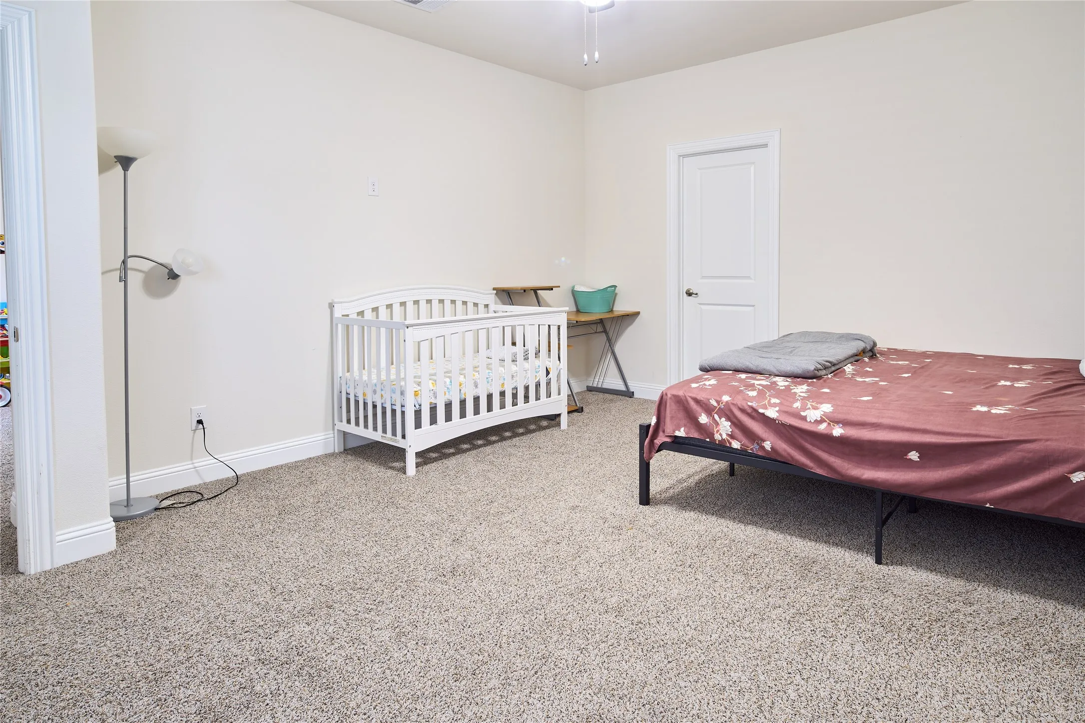 Carpeted room featuring light-toned walls, white trim, and a white interior door with a silver handle
