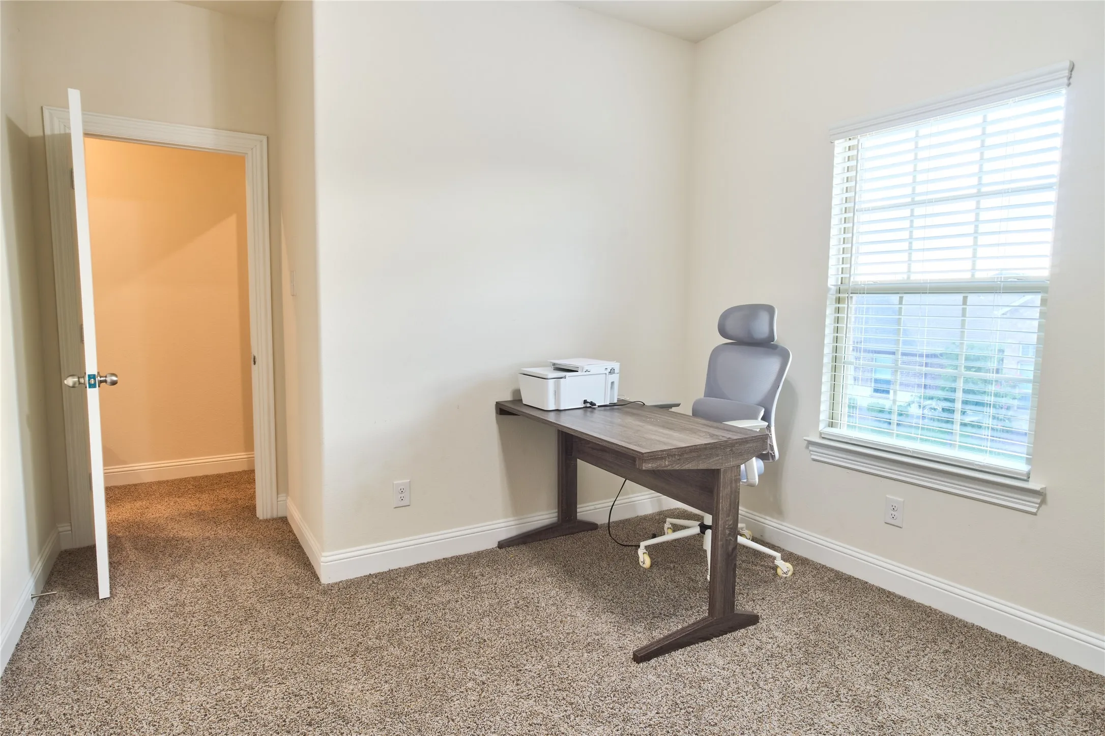Carpeted room featuring a white-trimmed window with blinds, neutral painted walls, and a white interior door