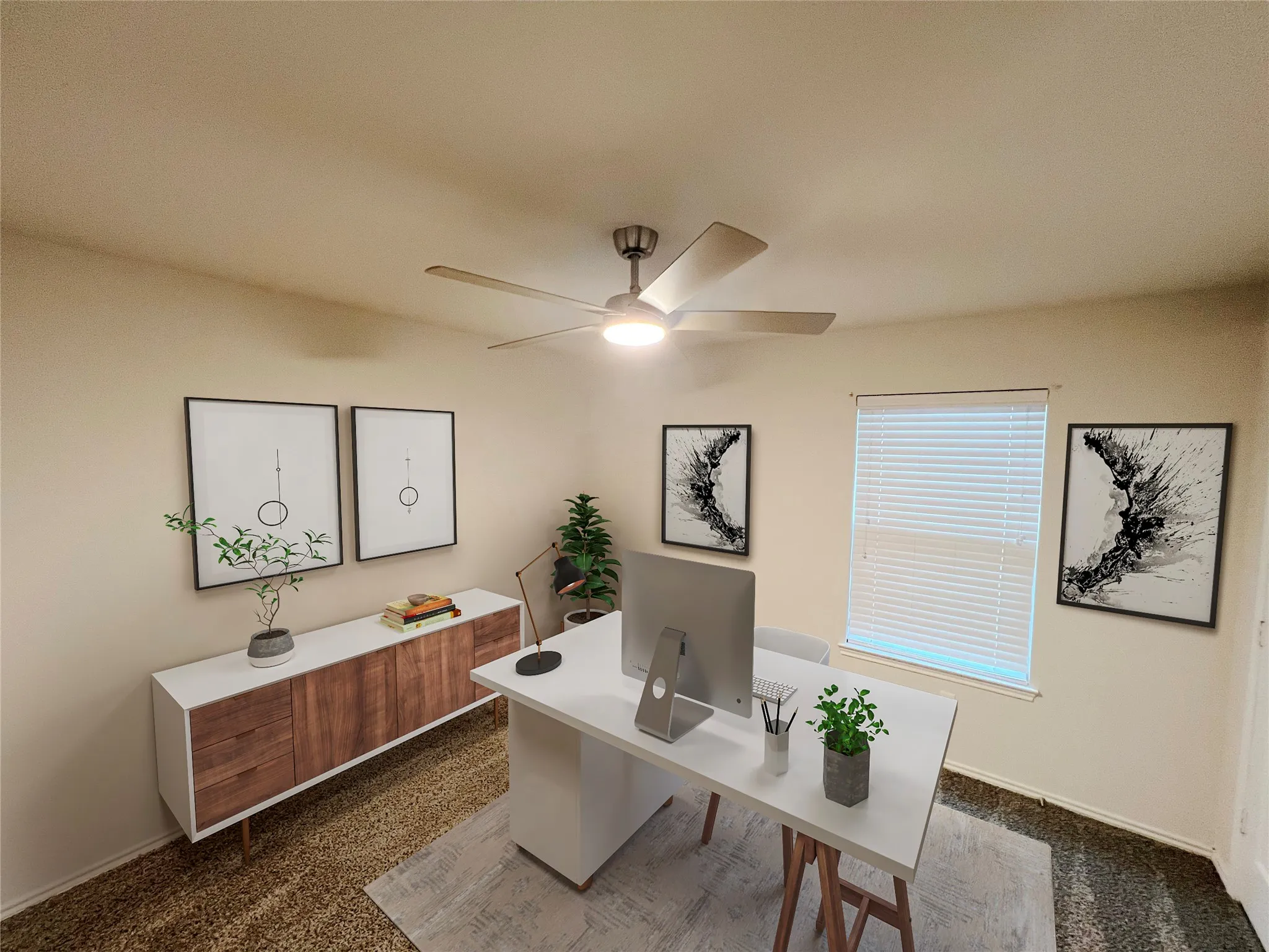 Recessed window with horizontal blinds, neutral wall paint, and a ceiling fan with integrated lighting