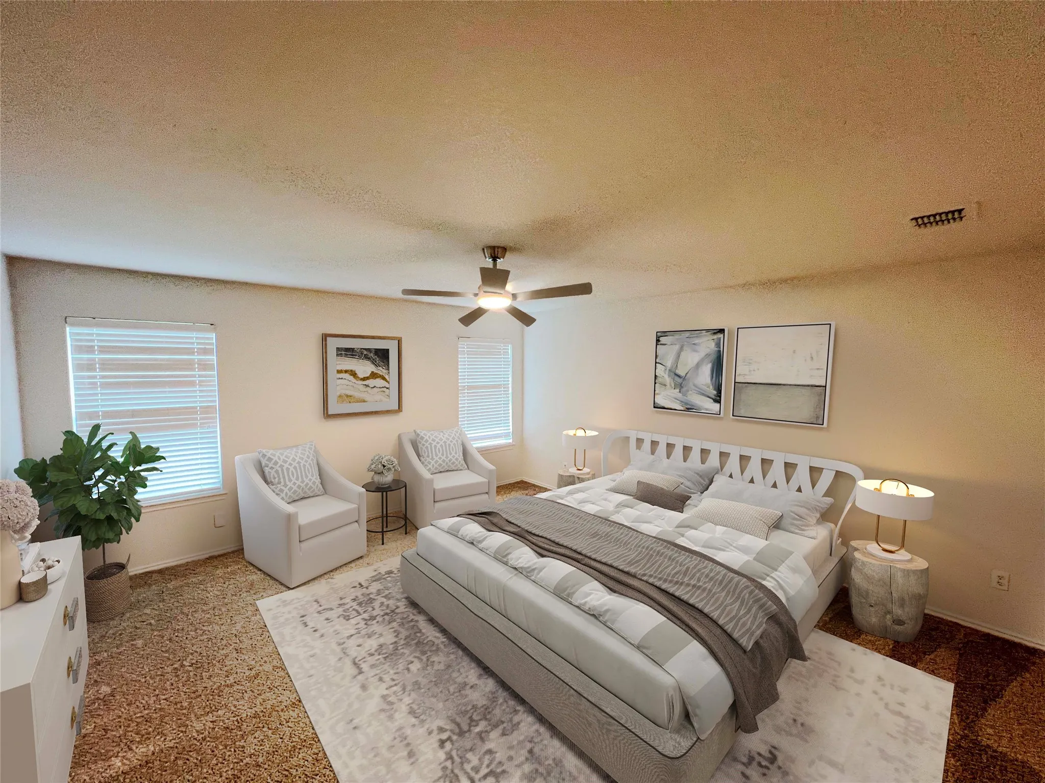 Spacious room featuring light-colored walls and textured carpeting