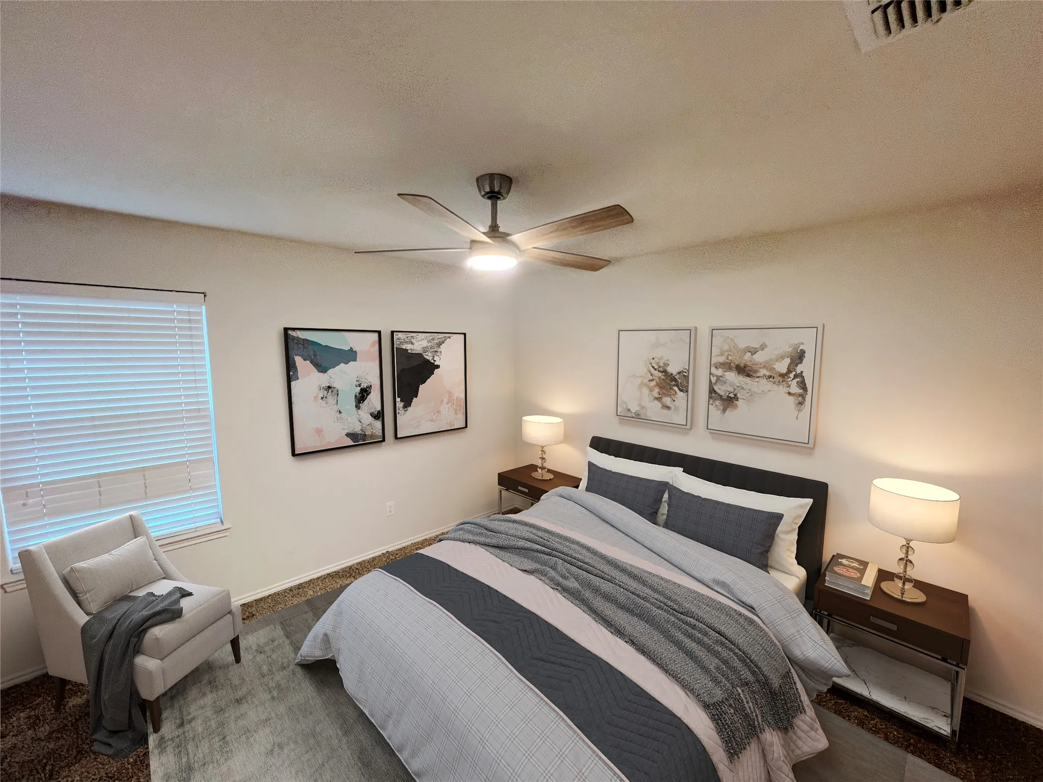 Bedroom featuring a ceiling fan with integrated lighting, window with blinds, and carpeted flooring