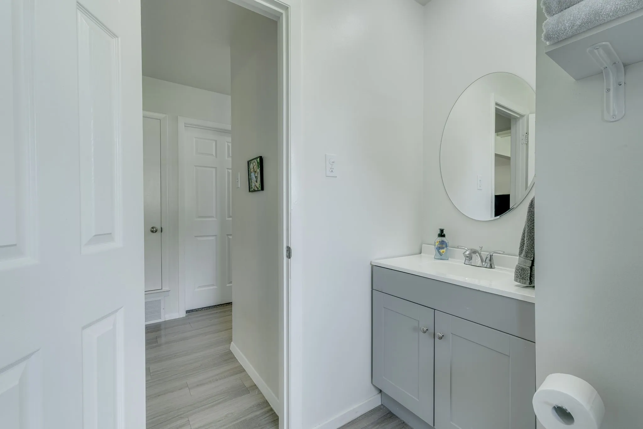 View from bathroom into hallway.
