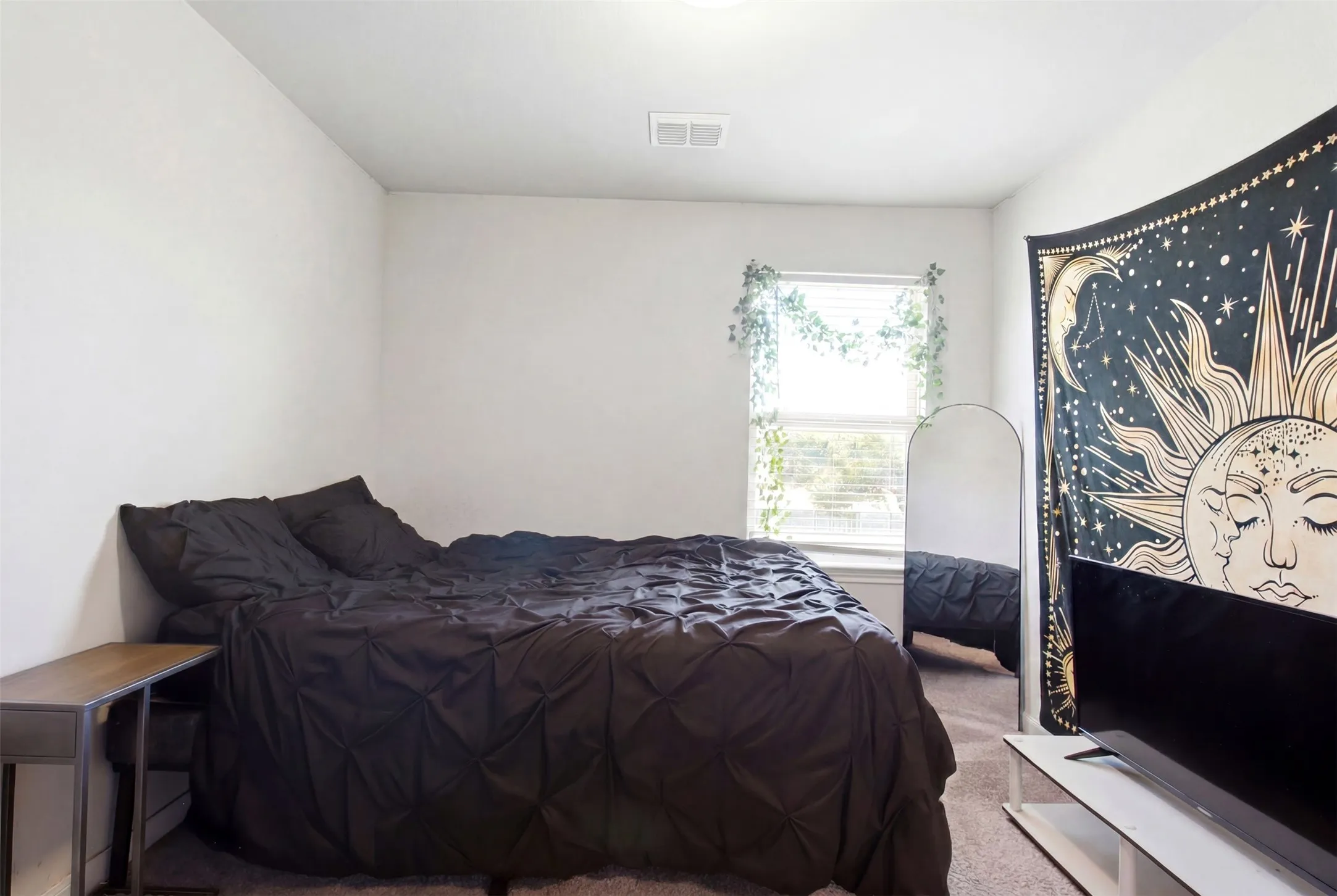Neutral wall tones, window with natural light, textured carpeting, central ceiling vent, and a built-in wall mirror