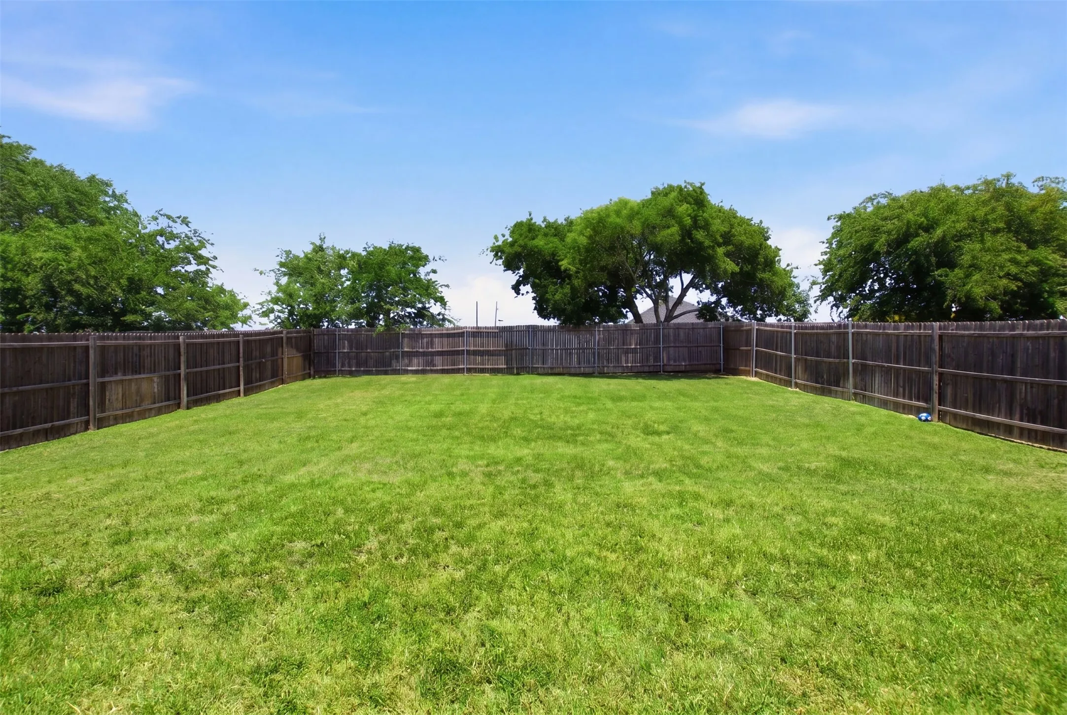Expansive backyard featuring a lush green lawn, full privacy fencing, mature perimeter trees, and clear sky overhead