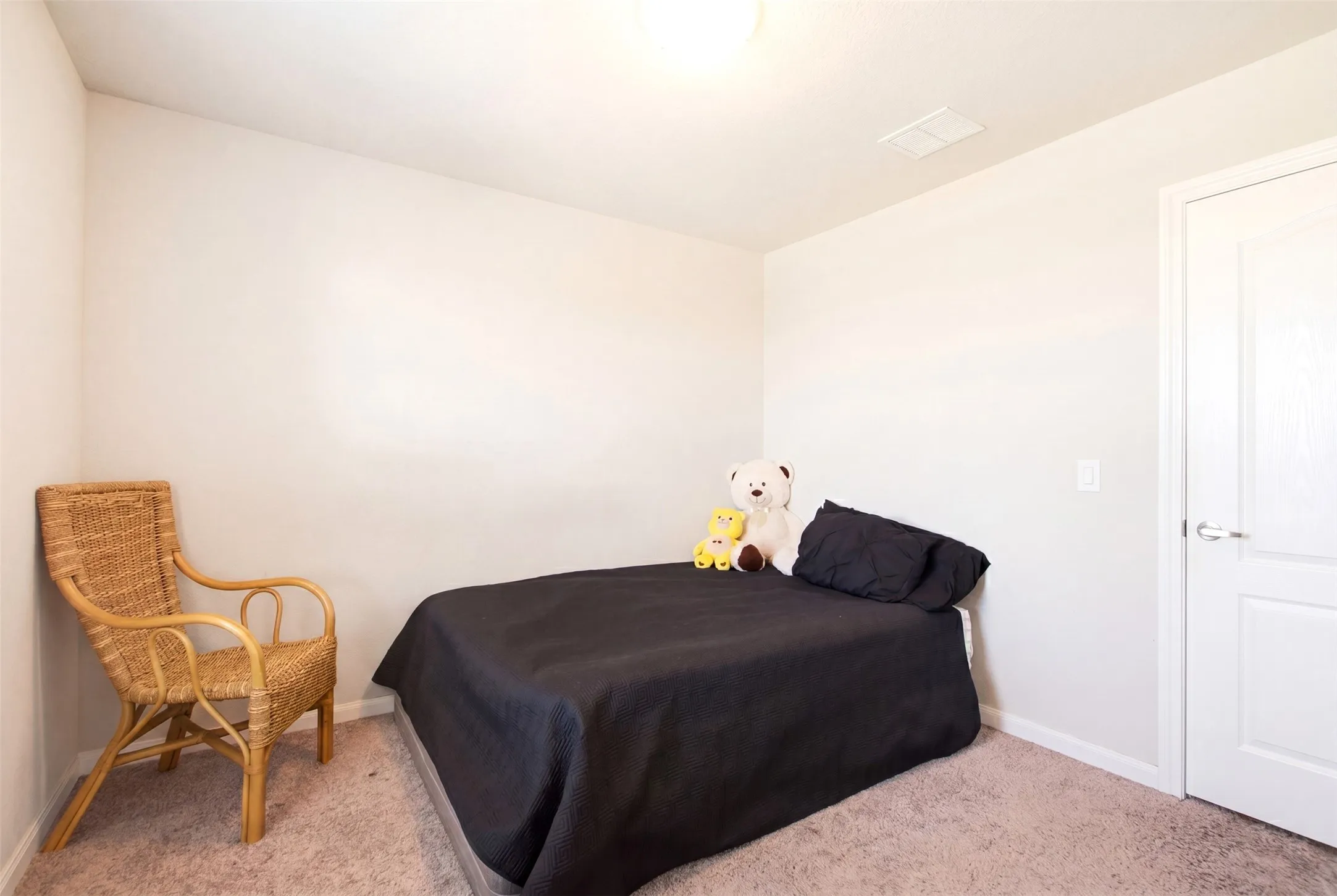 Neutral tone wall paint, carpeted flooring, white interior door, and ceiling light fixture