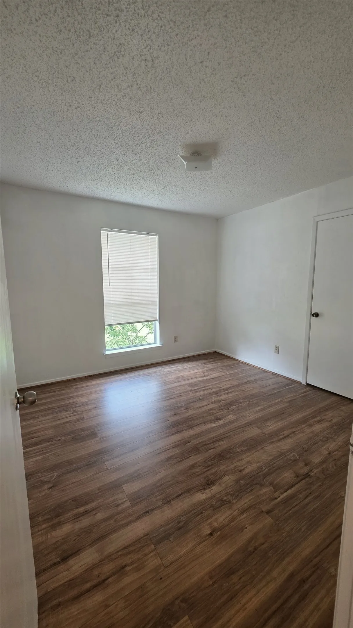 Spacious room featuring wood-finish flooring, white walls, and a single window with blinds