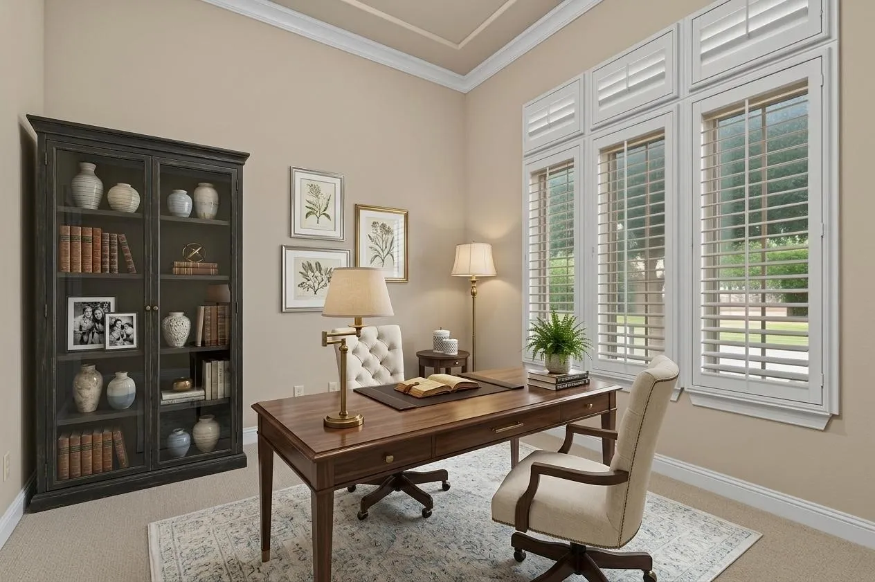 Virtually staged dedicated office space featuring carpeted flooring, crown molding and large windows with plantation shutters.