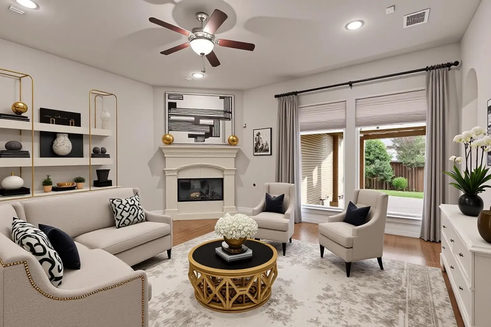 Virtually staged, Living area featuring a white stone fireplace, arched doorway, recessed lighting, and wood-finish flooring.