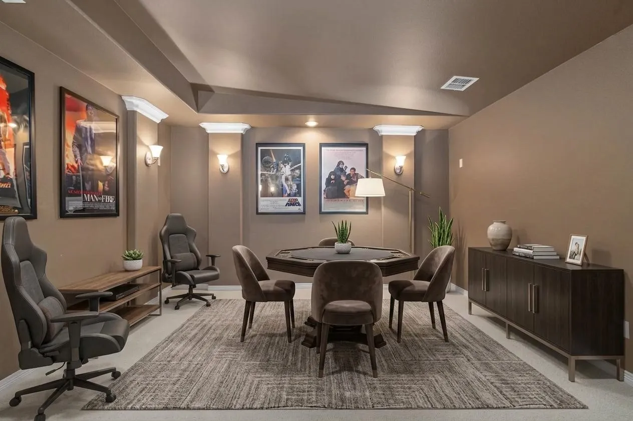 Virtually staged media room with carpeted flooring and wall sconce lighting.