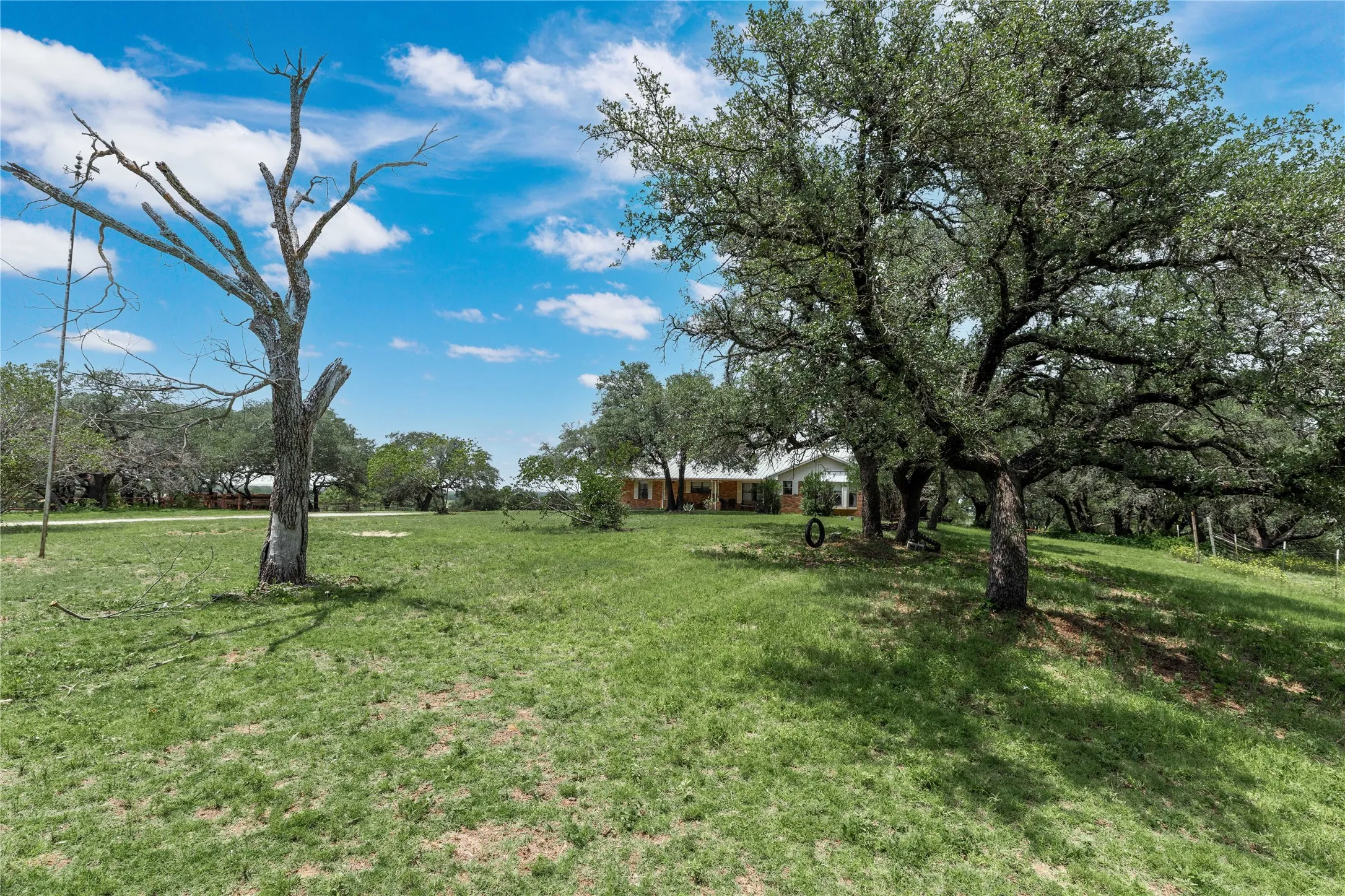 Expansive green lawn with mature trees and a distant building featuring a covered porch
