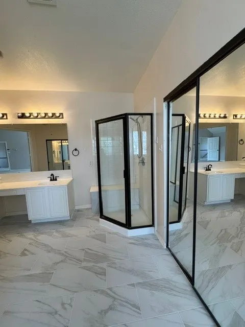 Primary bathroom : just remodeled with modern sleek design flooring