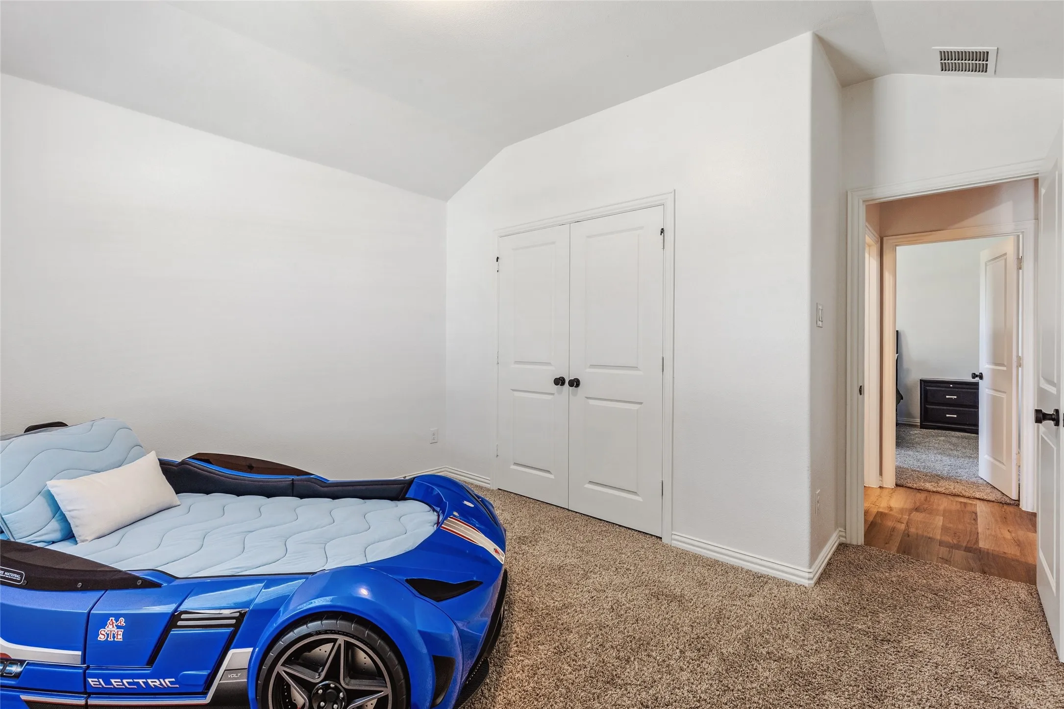 Carpeted room with vaulted ceiling and white walls