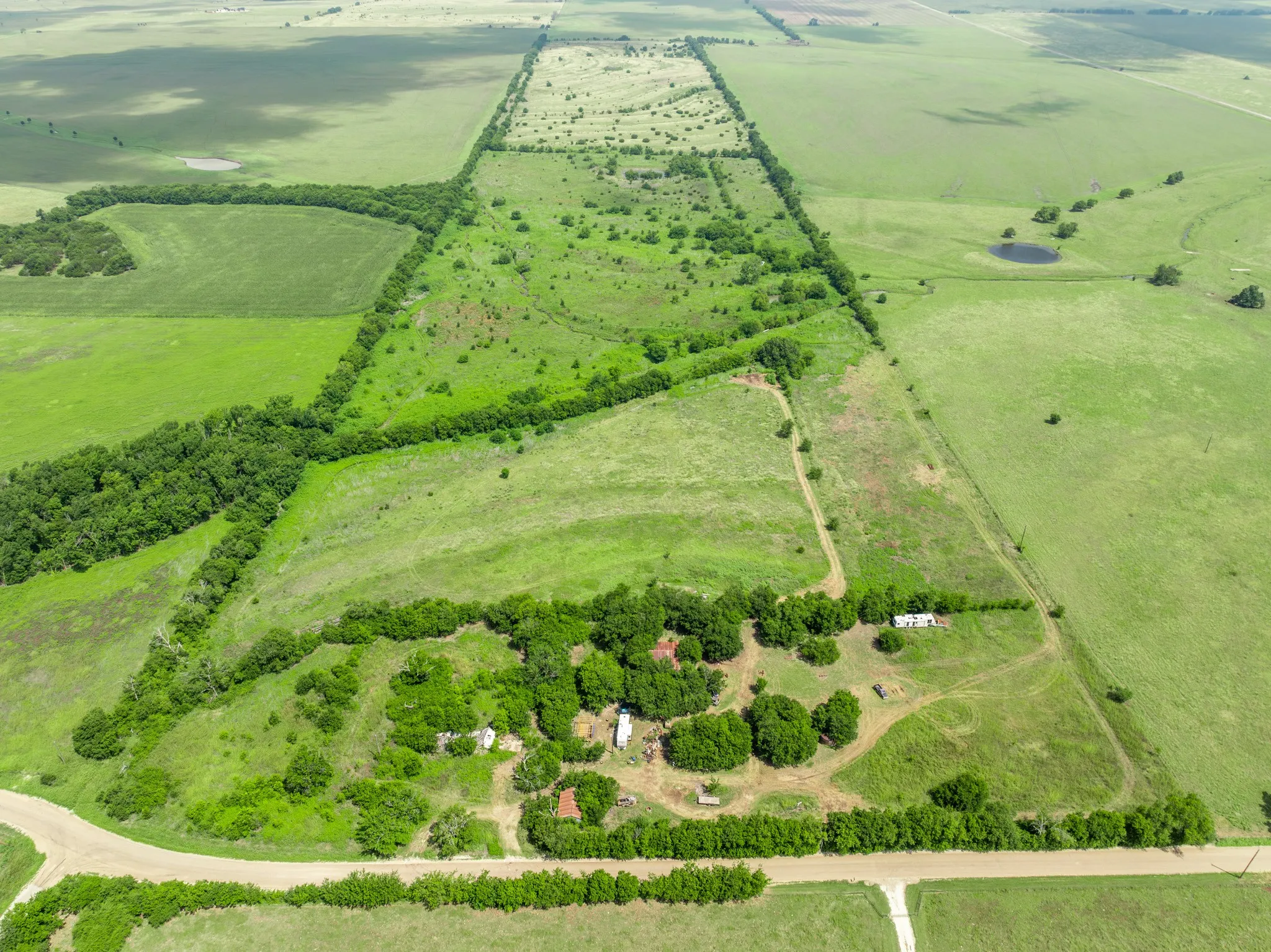 Expansive green landscape featuring mature trees and a tranquil pond
