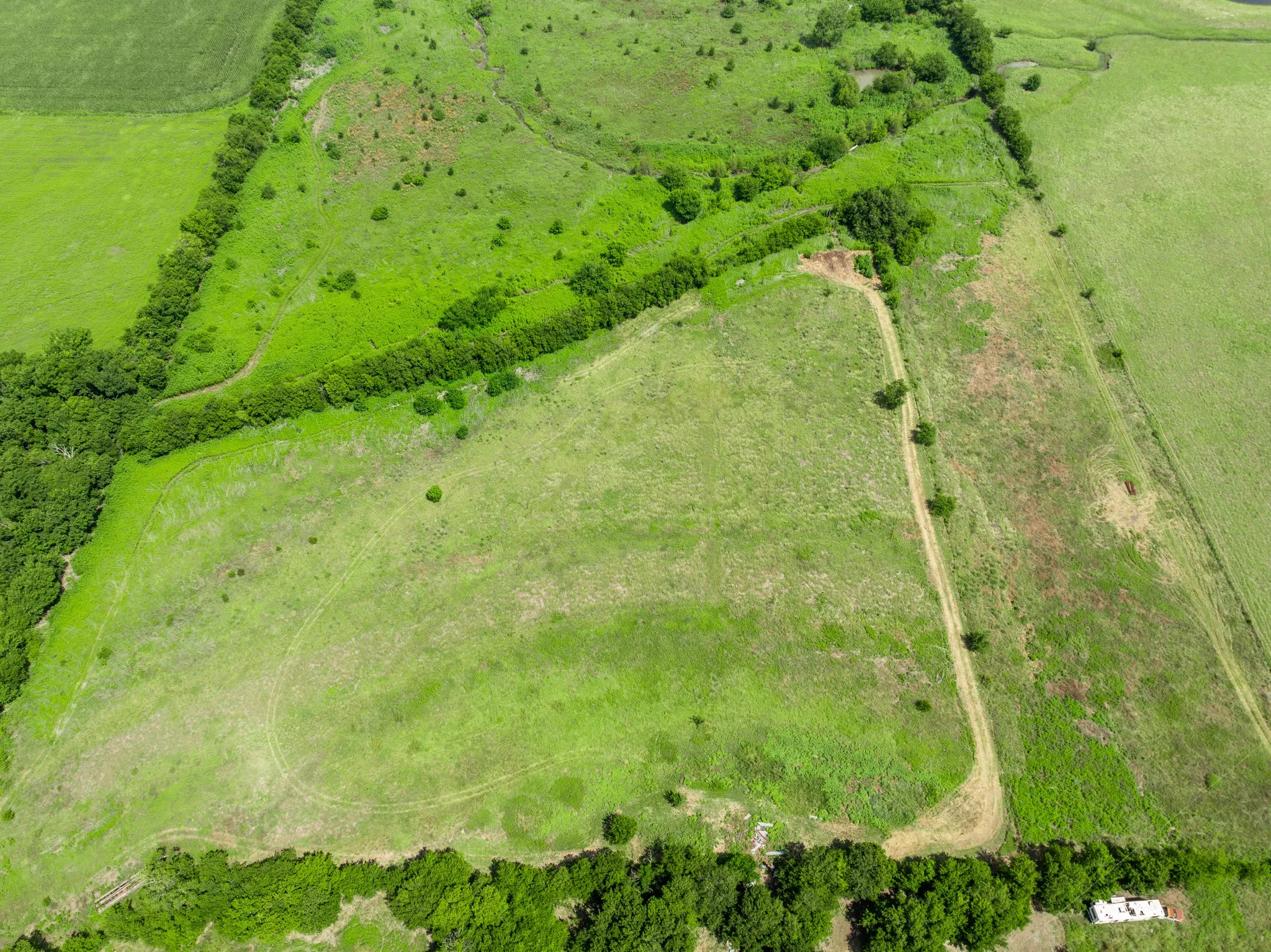 Expansive green acreage featuring a winding dirt path, mature tree lines, and open fields
