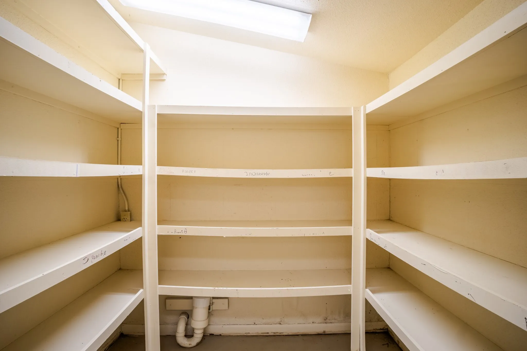 Pantry featuring extensive built-in shelving, overhead skylight, and light-toned walls