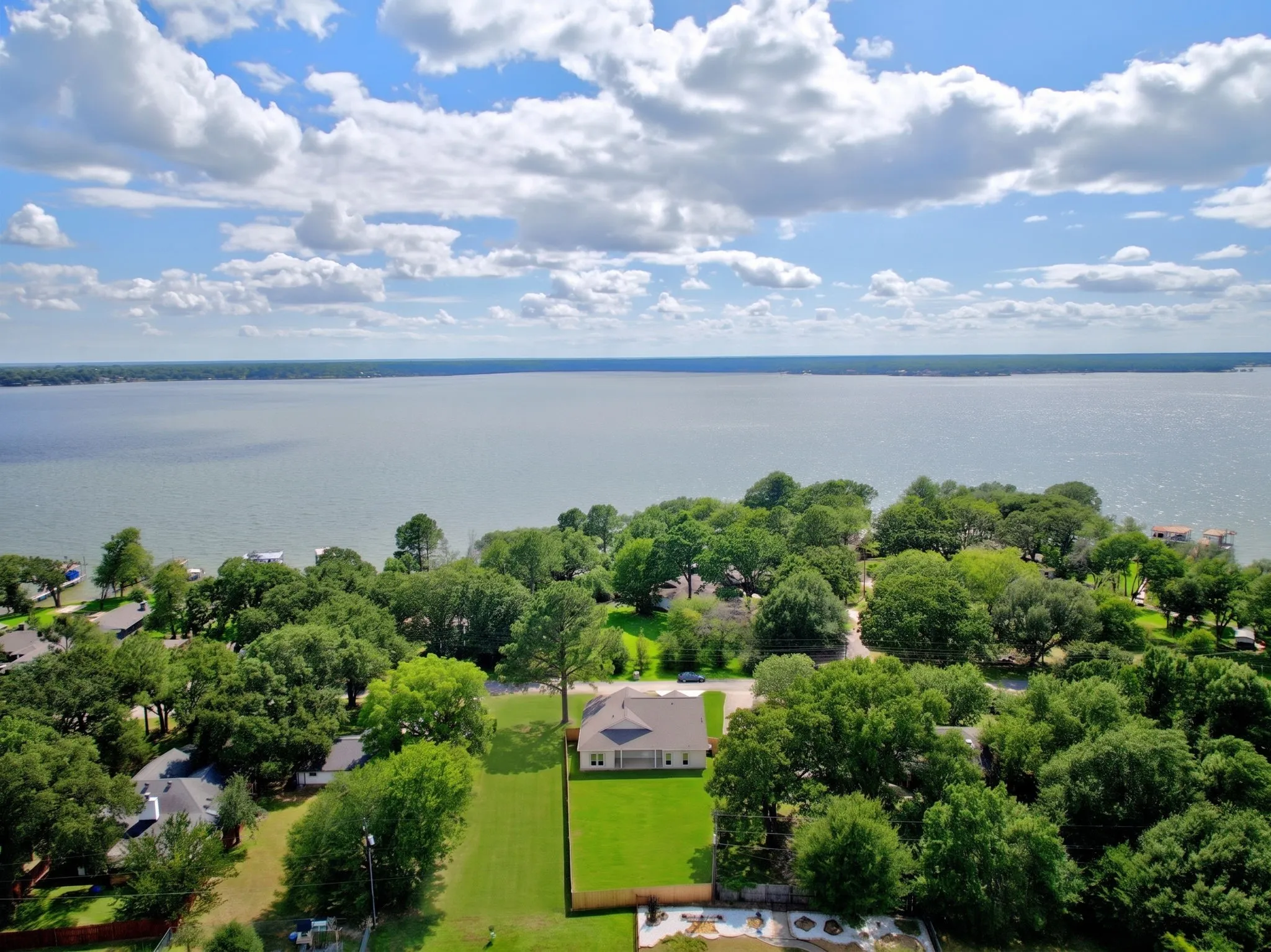 Expansive water frontage with a verdant tree line