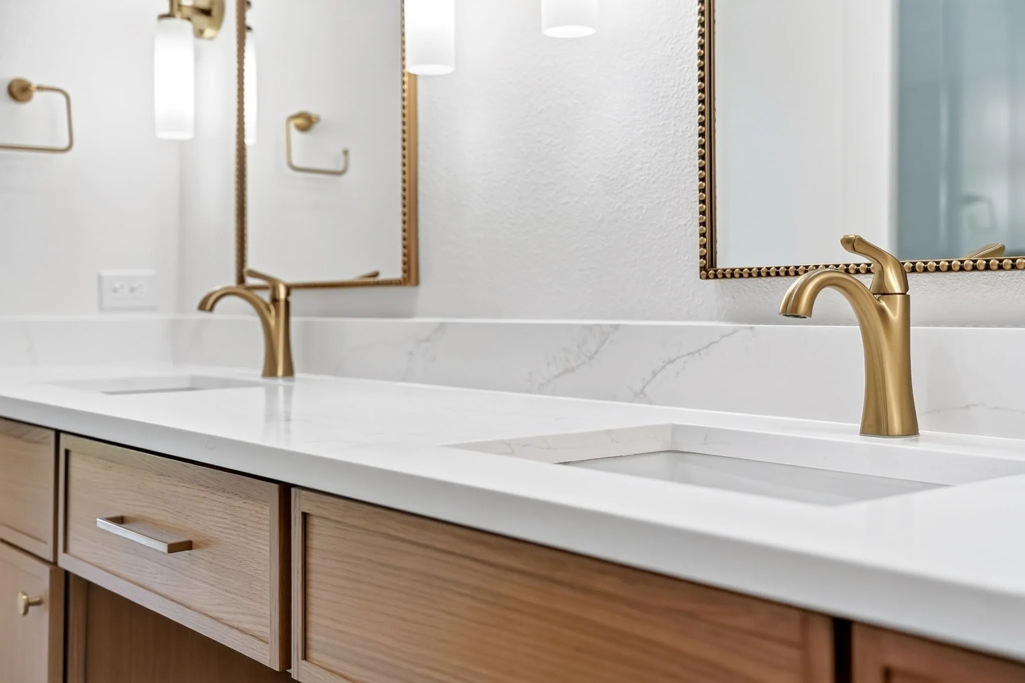 Dual vanity with white countertops, integrated rectangular sinks, and brass-finish faucets