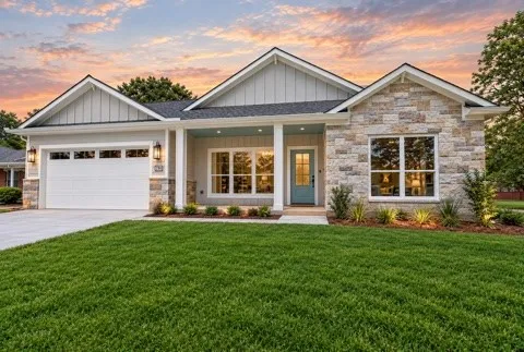 Stone and siding exterior with a two-car garage, covered porch entry, and a prominent front door