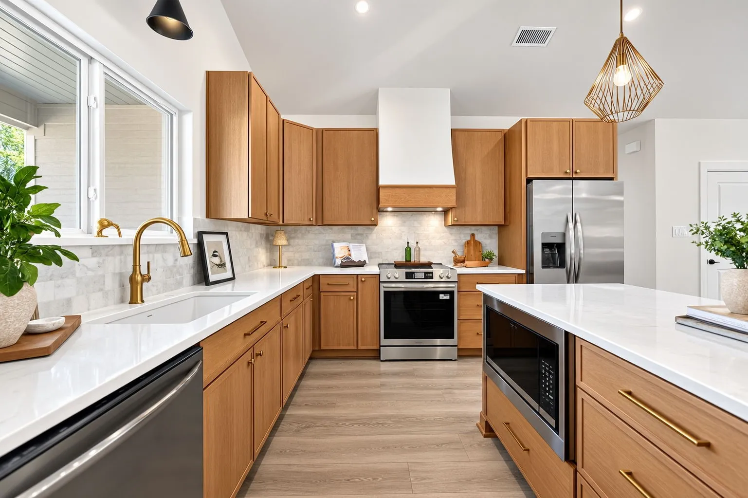 Gourmet kitchen with wood cabinetry, stainless steel appliances, white countertops, a tiled backsplash, and wood-finish flooring