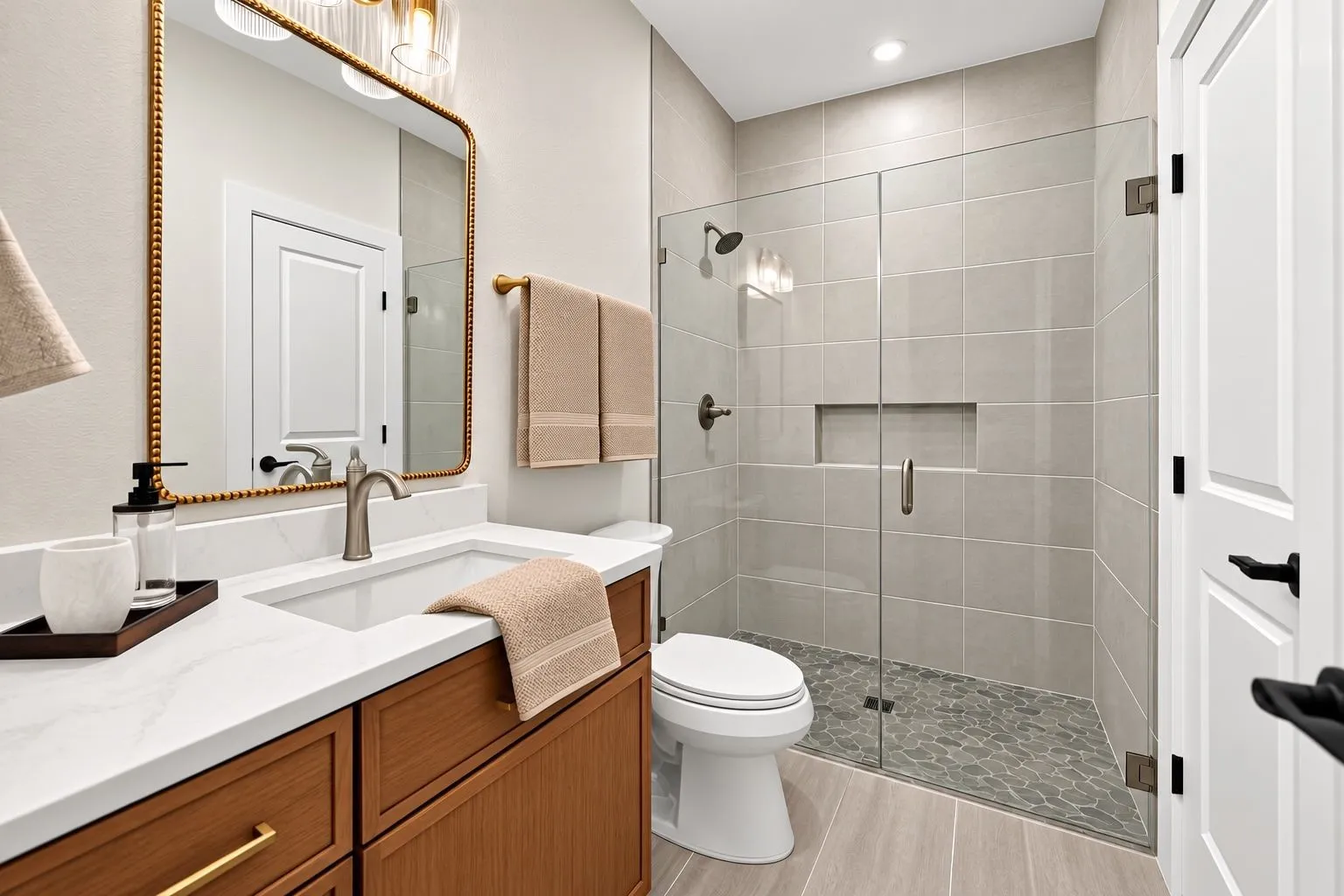 Bathroom featuring a wood-finish vanity with a white countertop, a rectangular undermount sink, and a framed mirror with integrated lighting