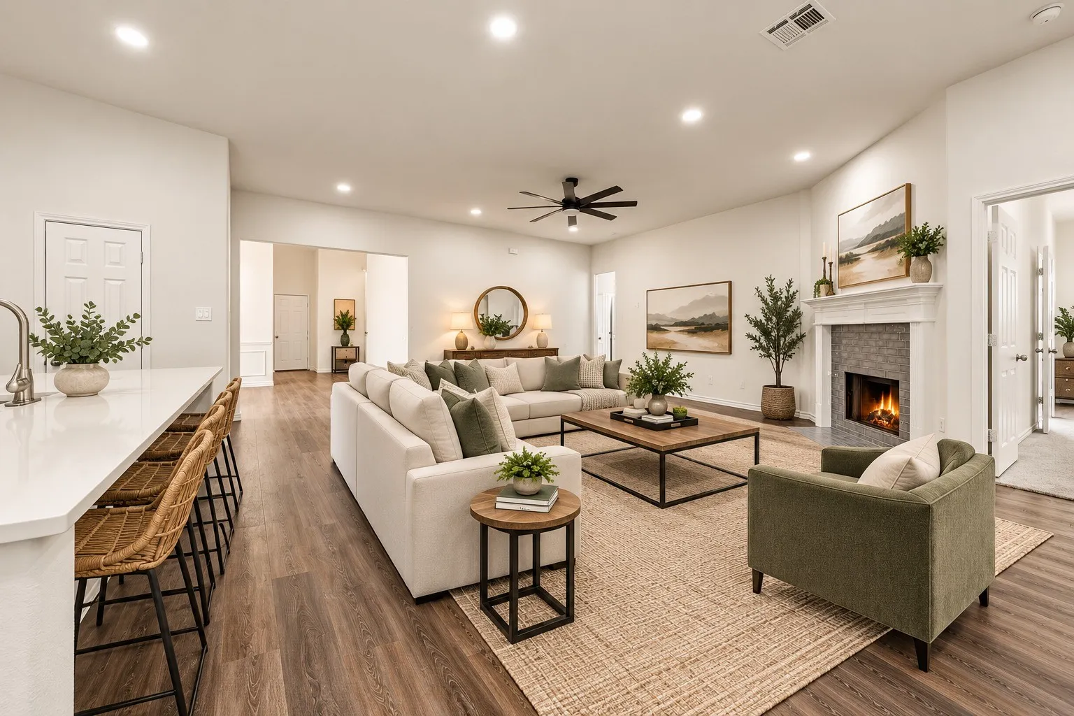 Open-concept living area featuring wood-finish flooring, recessed lighting, and a ceiling fan
