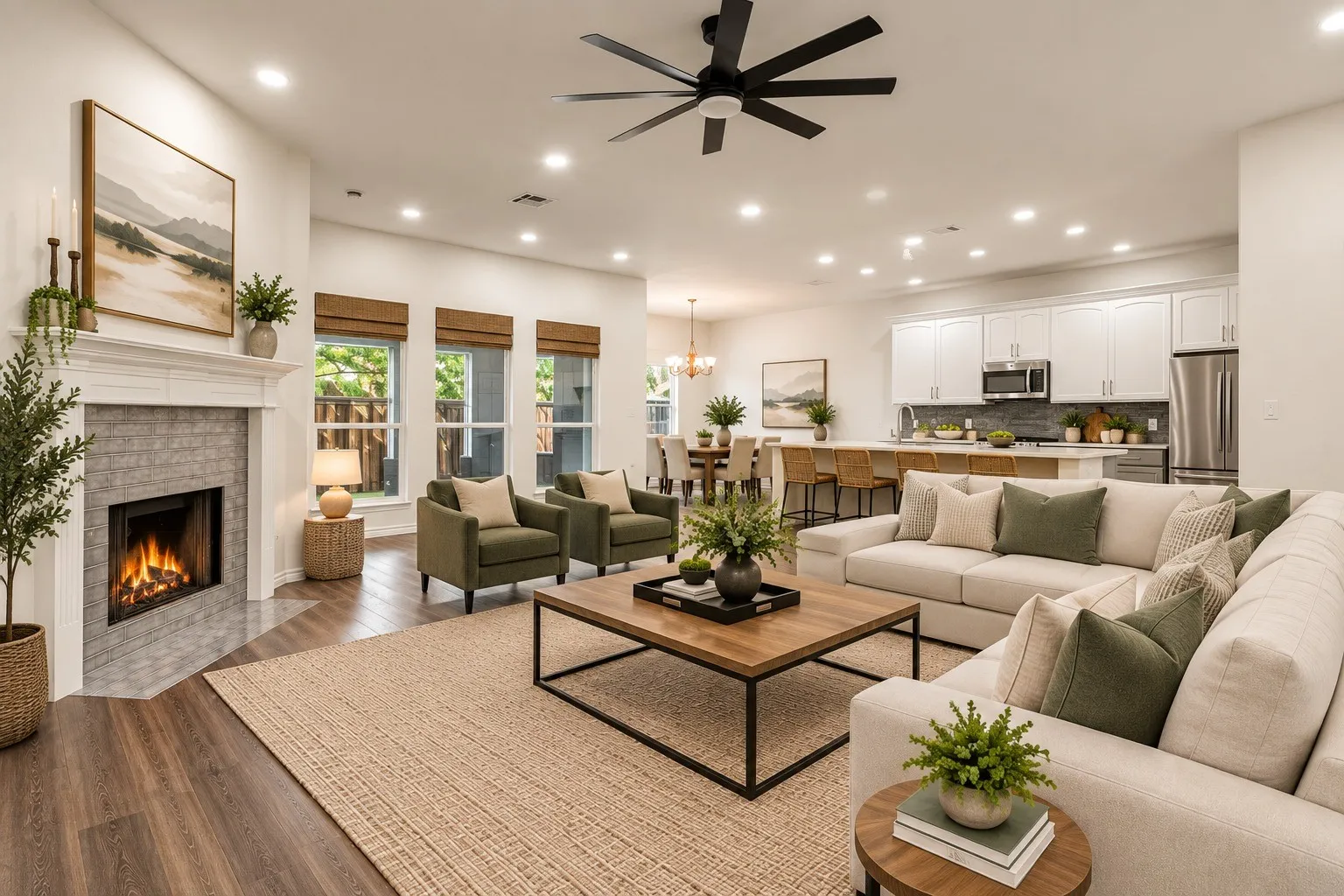 Living area featuring a fireplace with a stone surround, wood-finish flooring, and recessed lighting