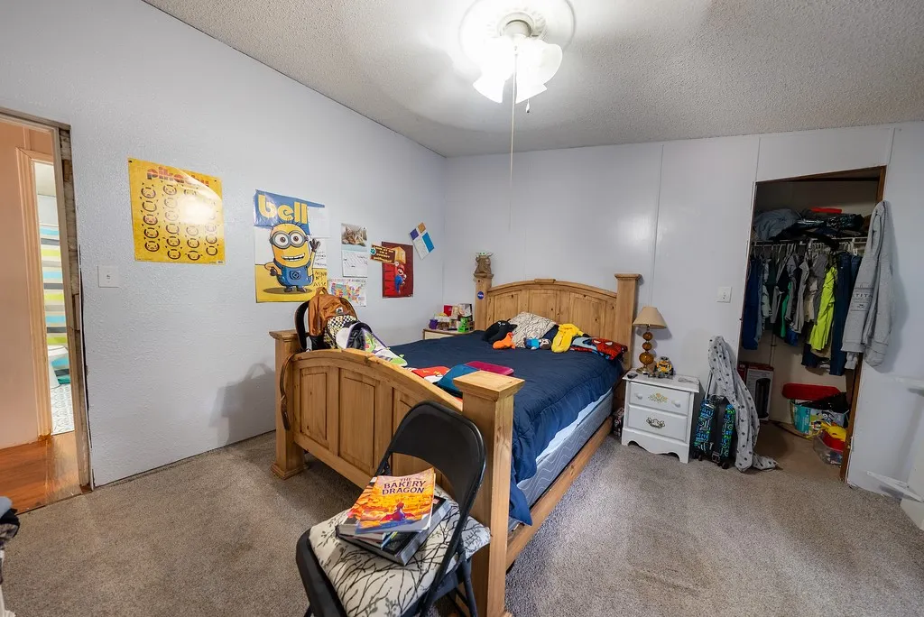 Carpeted room featuring a ceiling fan, light gray wall paneling, and a closet with a built-in hanging rod and shelving