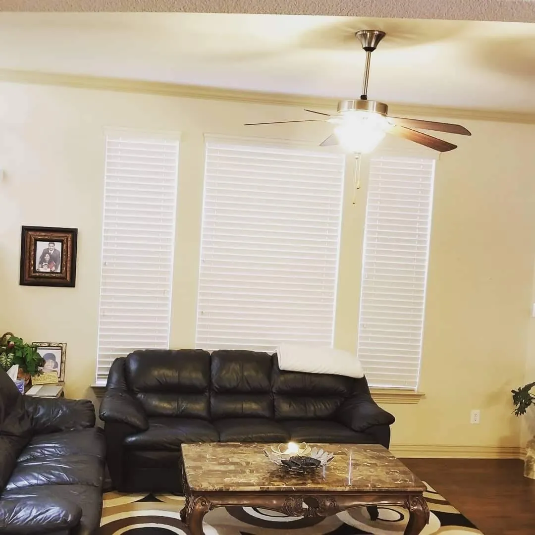 Living area featuring multiple vertical windows with blinds, a ceiling fan with integrated lighting, wood-finish flooring, and light-toned walls