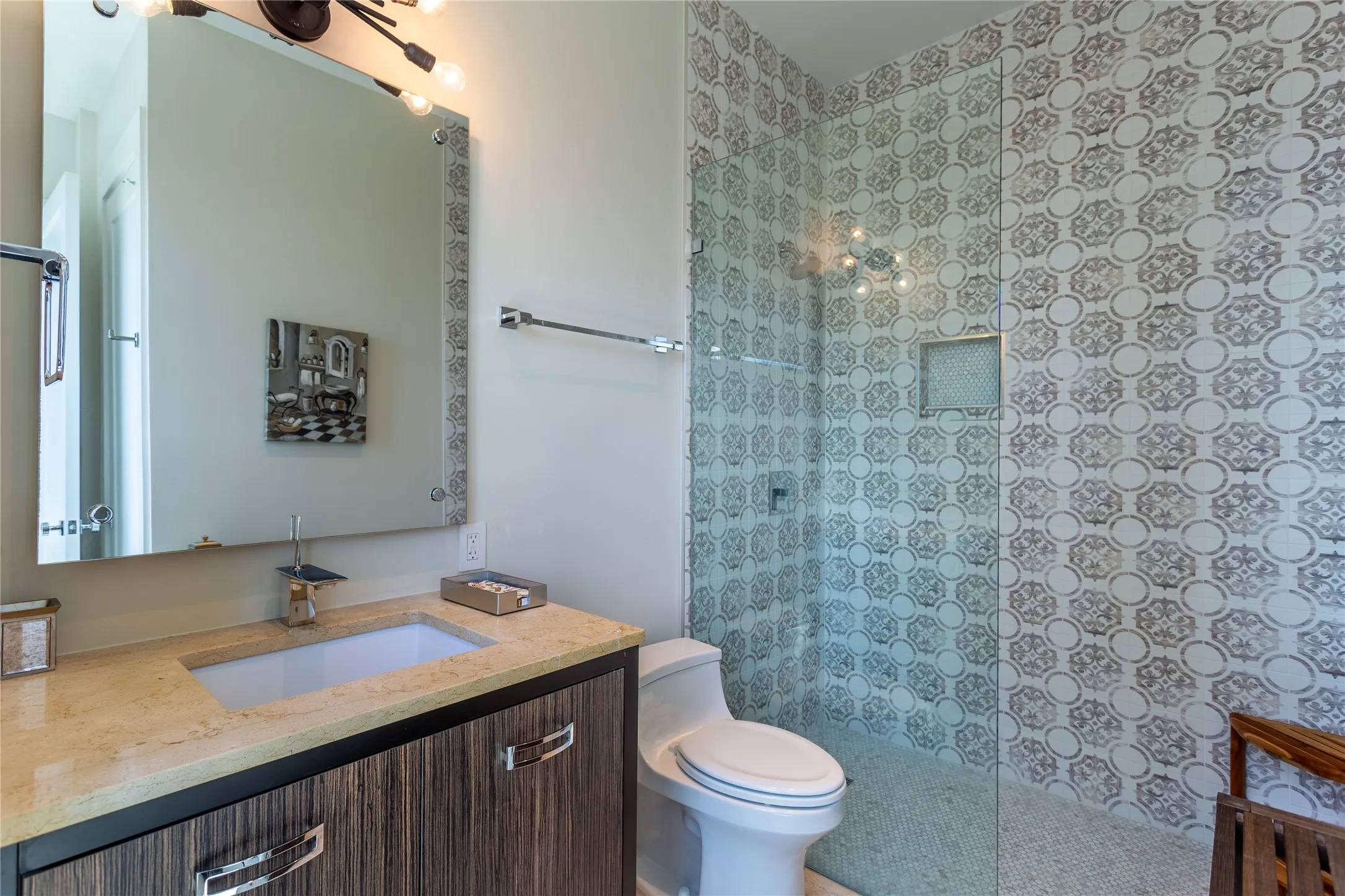 Ensuite Guest frameless shower in Blackwood Forest Park tile.