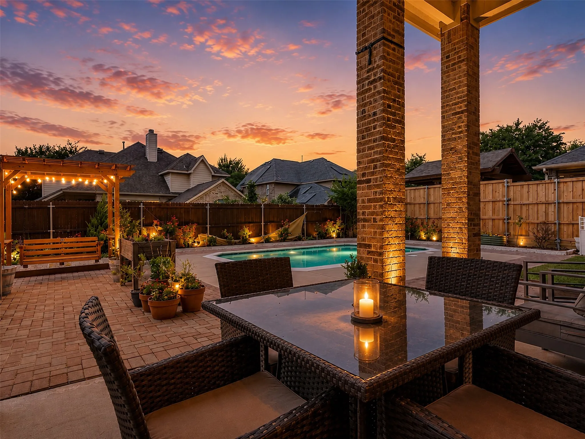 Covered patio featuring brick columns, a glass-top table, and an outdoor dining set