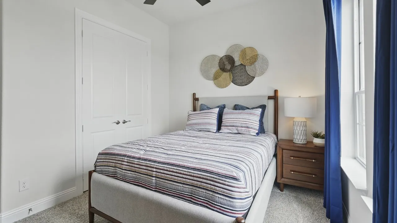 Room featuring soft grey carpeting, a double-panel closet door, and a single window with blue drapes