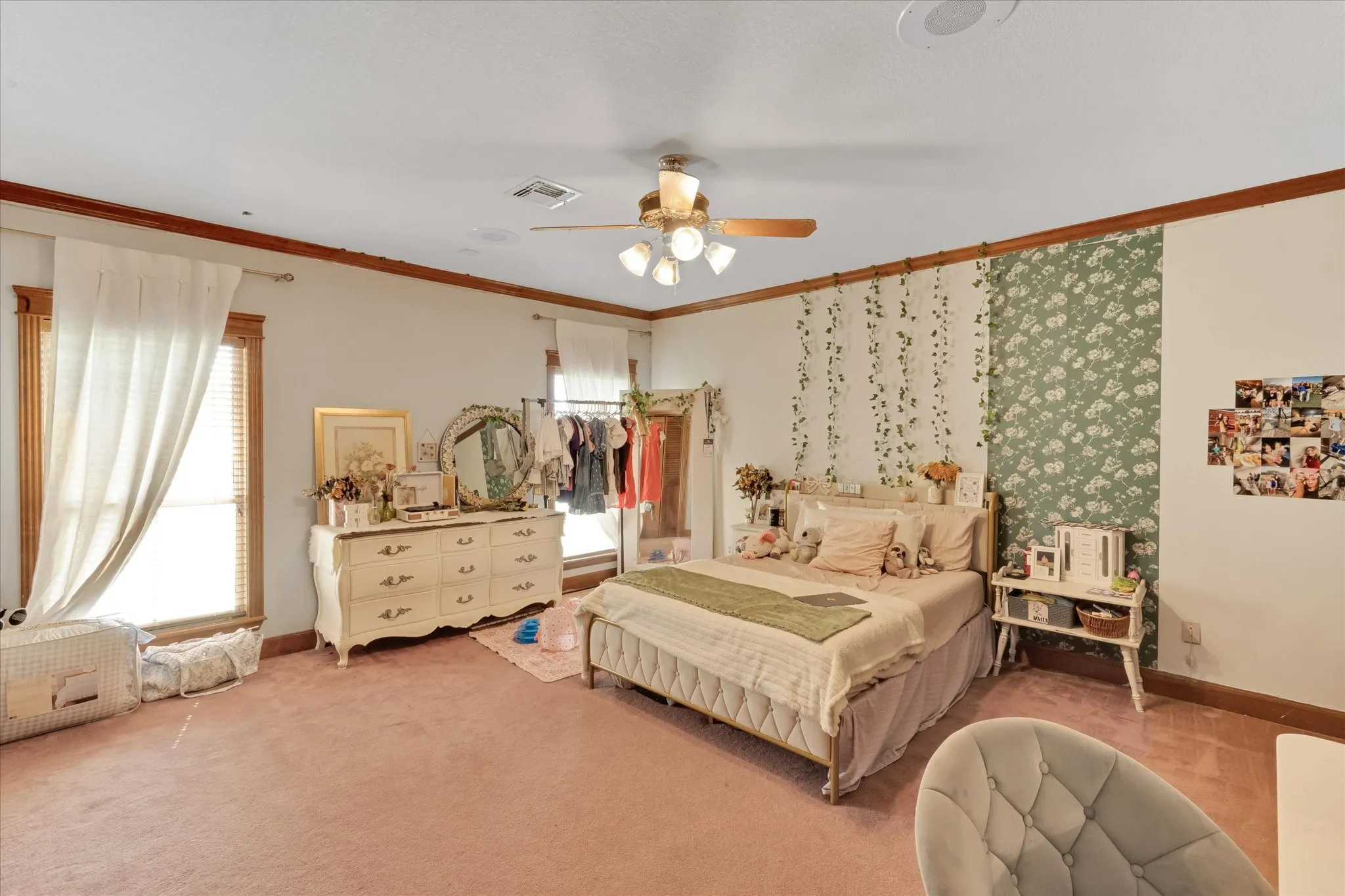 Spacious bedroom featuring plush carpeting, dual windows with blinds, a ceiling fan with integrated lighting, and crown molding with wood trim