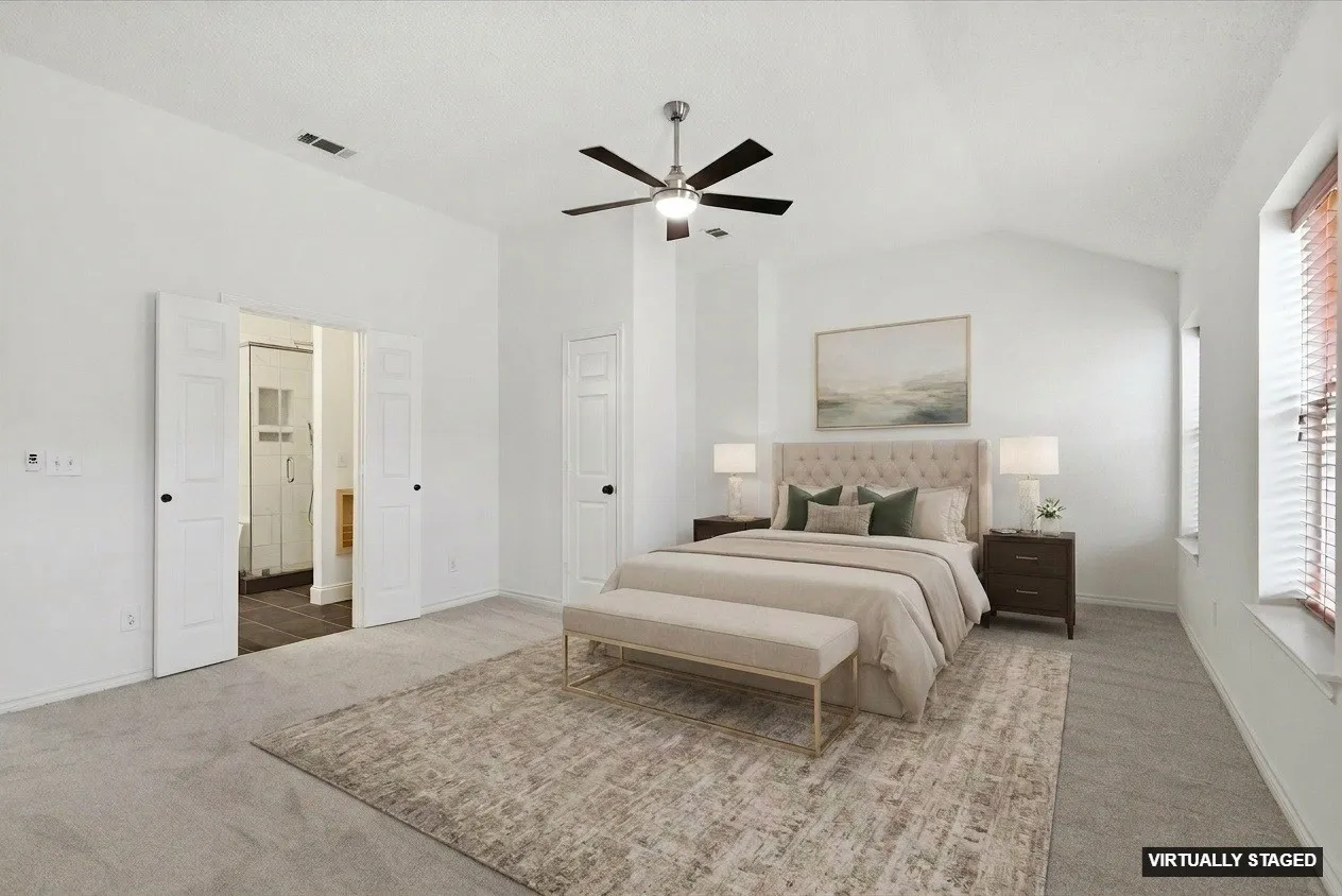Primary Bedroom with new carpet View 2 - virtually staged